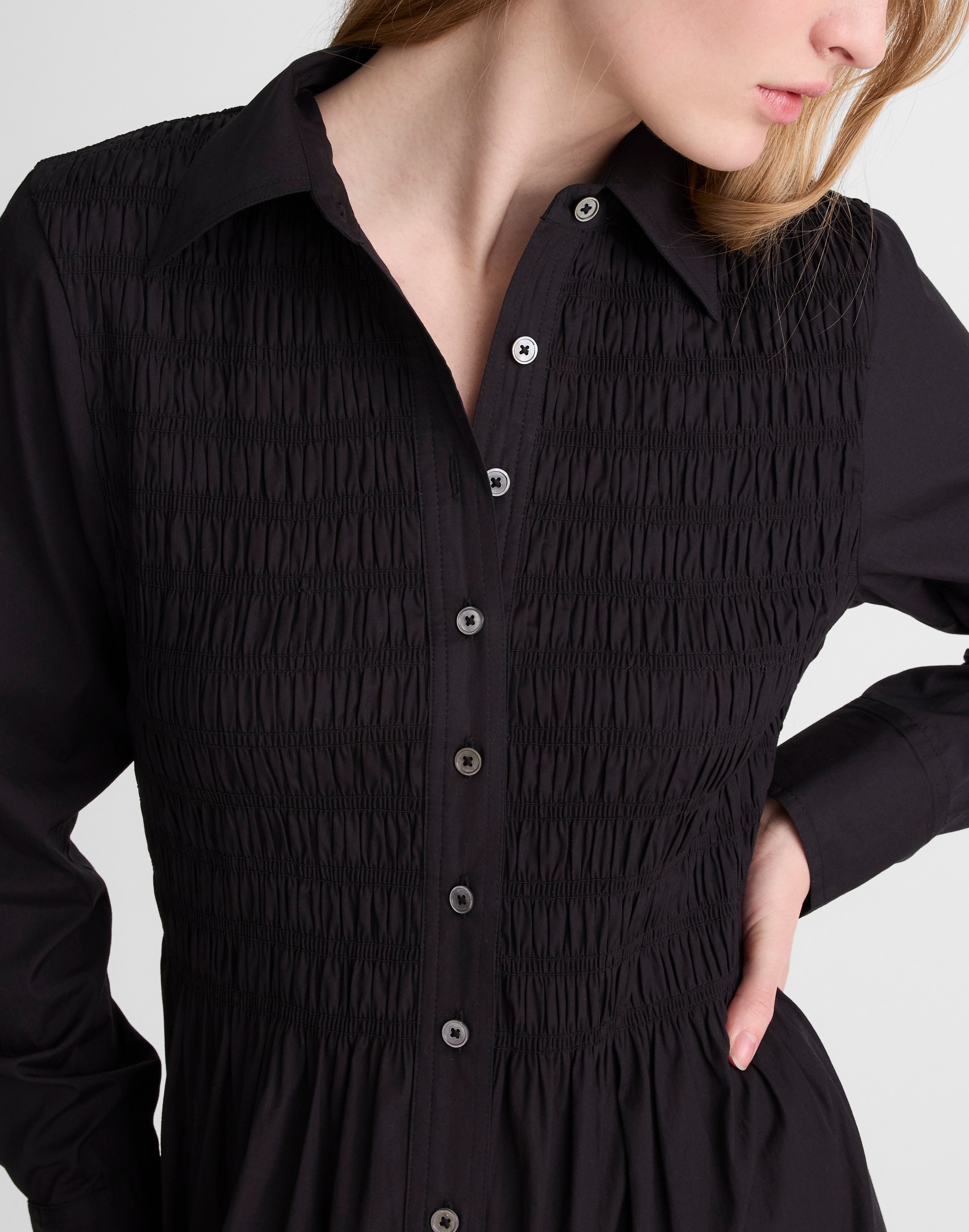 Smocked Midi Shirtdress in Poplin