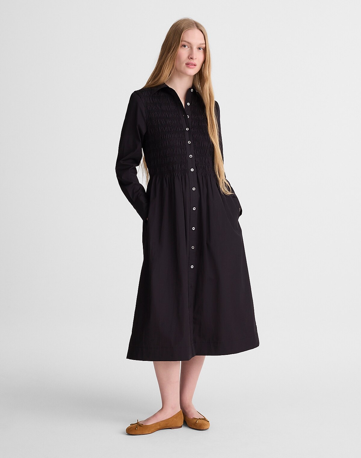 Smocked Midi Shirtdress in Poplin