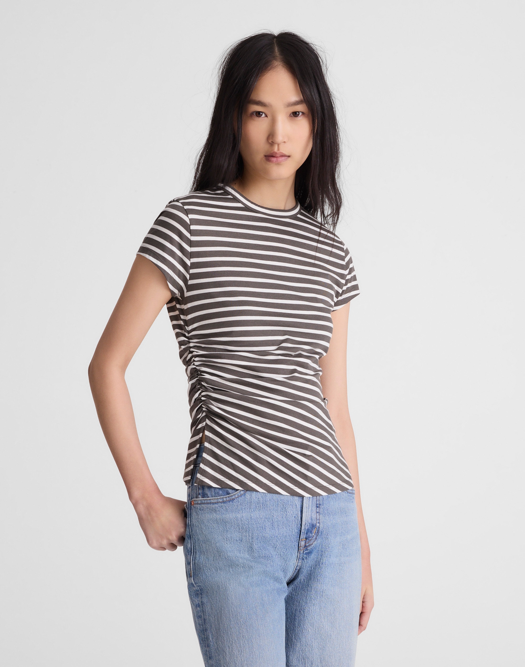 asymmetric ruched tee in allday jersey