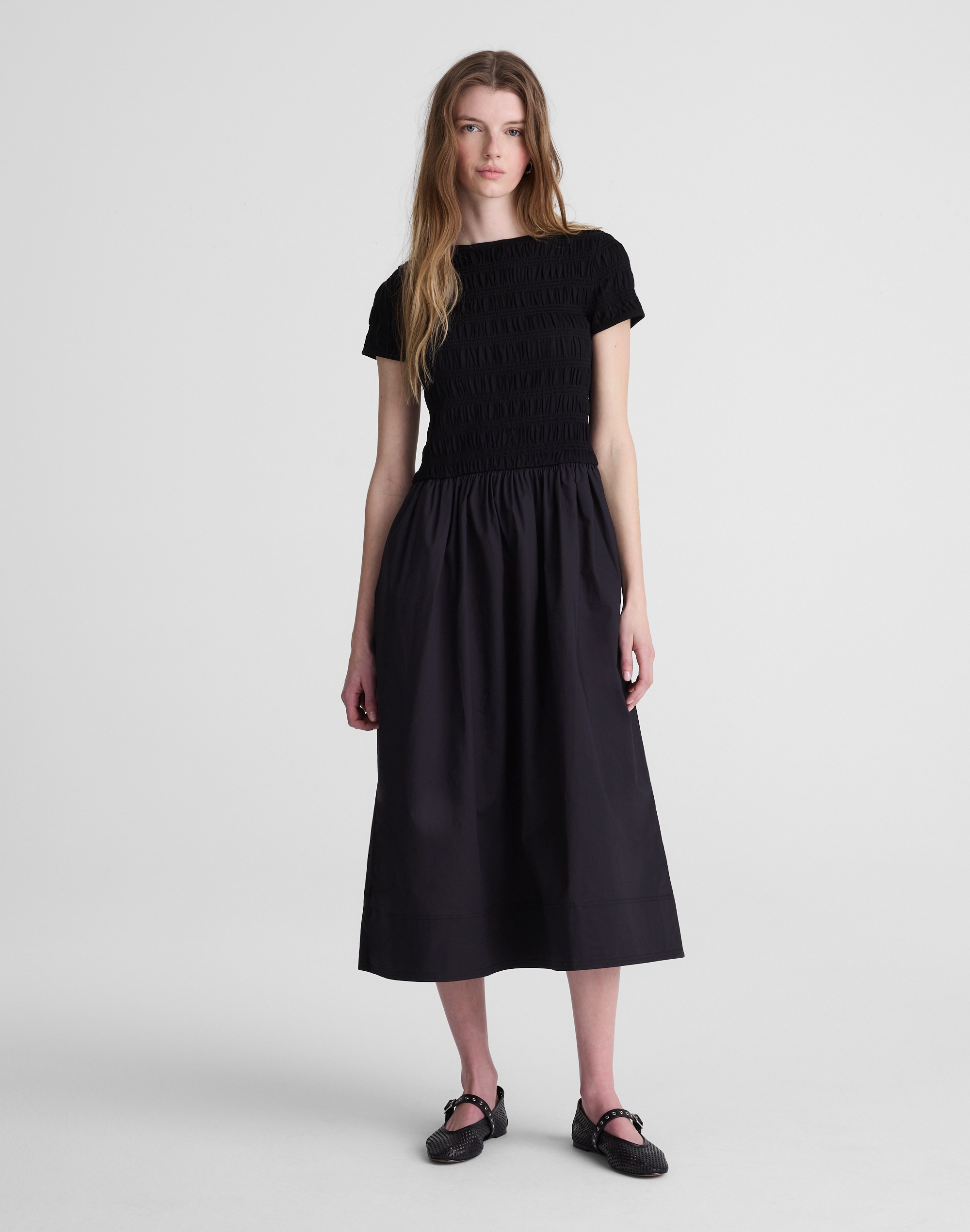 Madewell Smocked Boatneck Midi Dress In Black