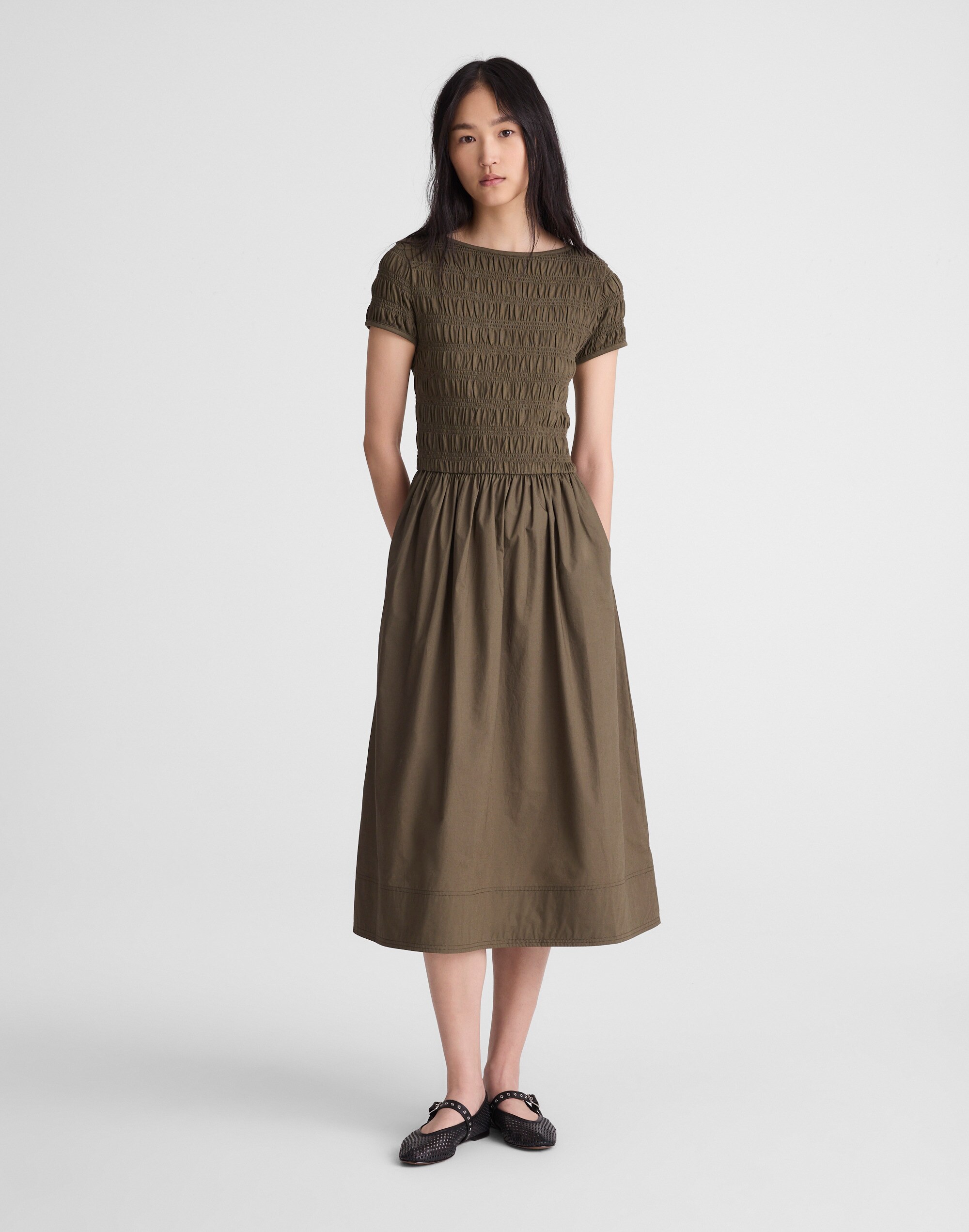 Smocked Boatneck Midi Dress