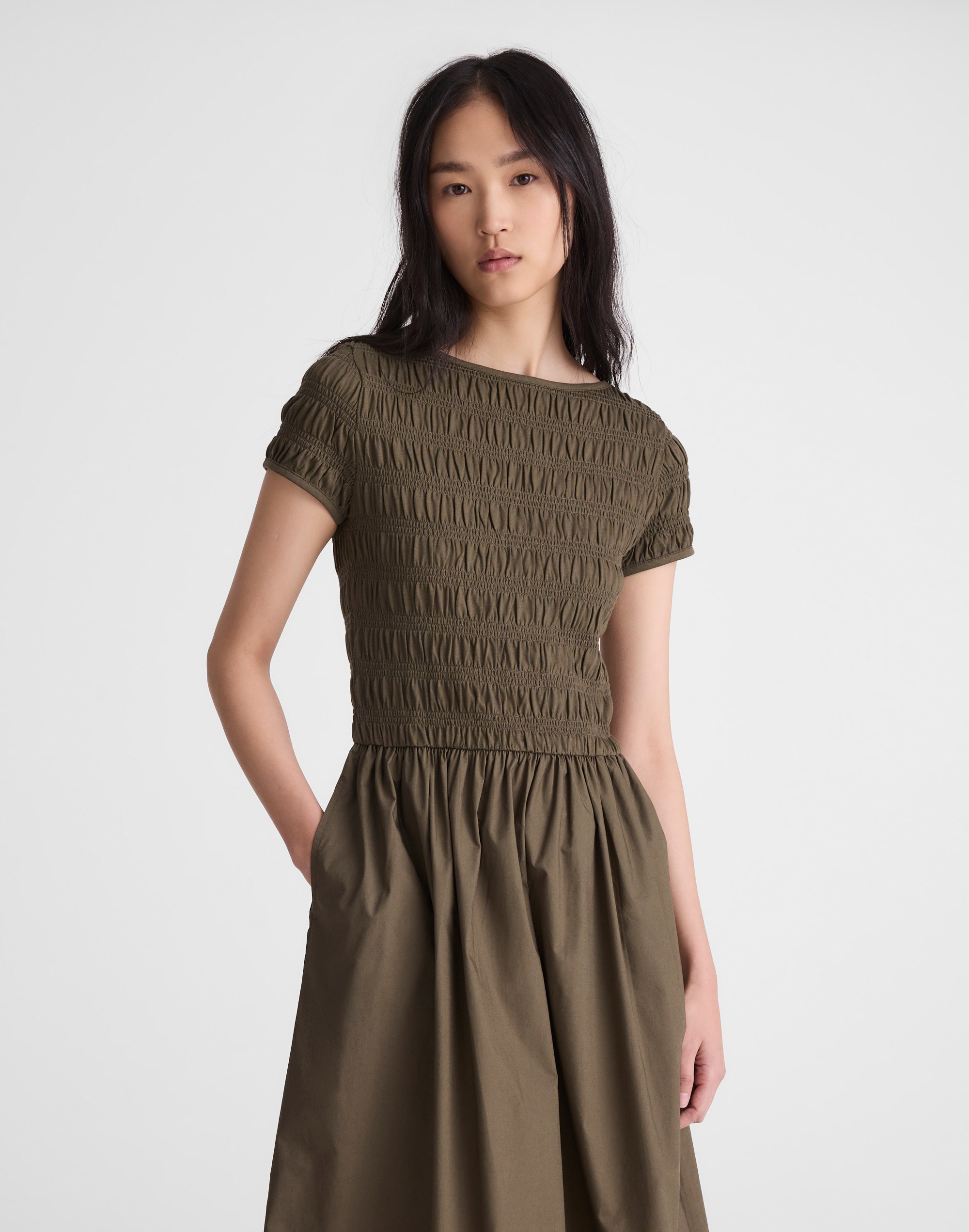 Madewell Smocked Boatneck Midi Dress In Green