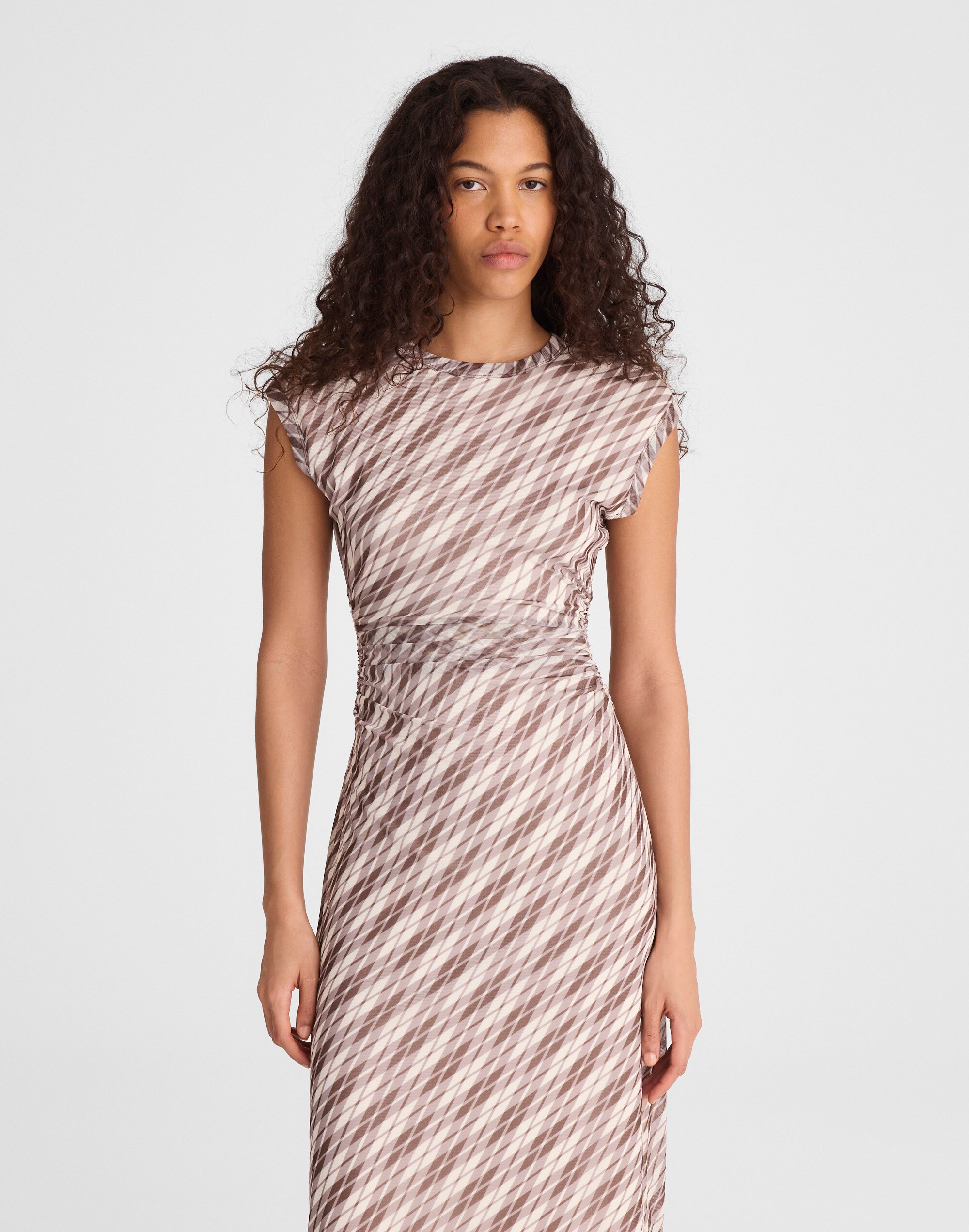 Cap-Sleeve Ruched Midi Dress