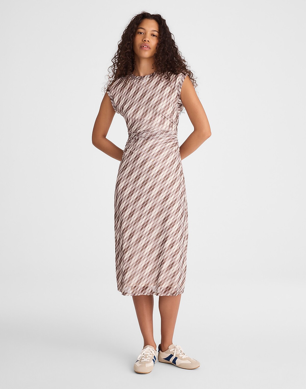Cap-Sleeve Ruched Midi Dress