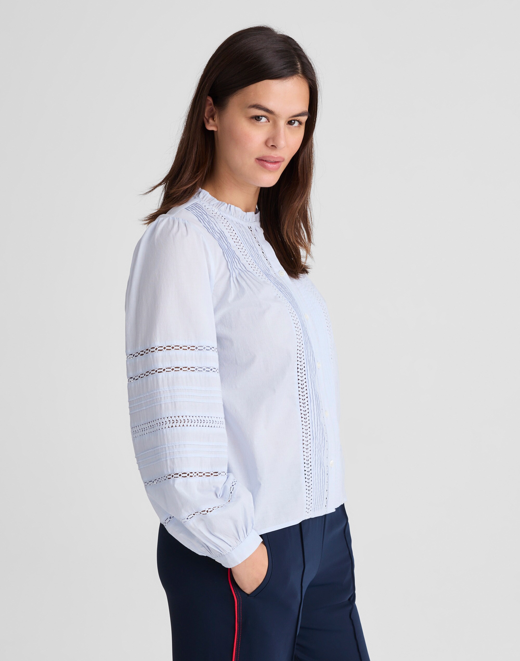 High-Neck Lace-Insert Pintuck Top