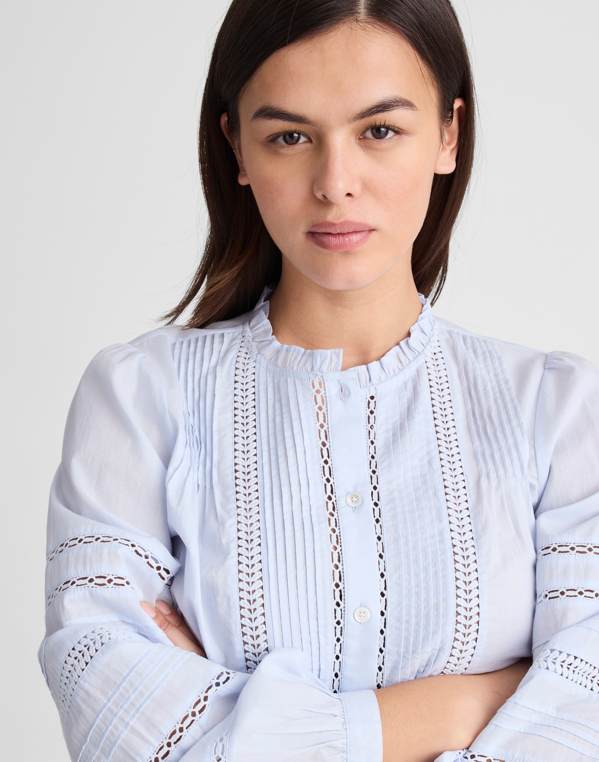 High-Neck Lace-Insert Pintuck Top