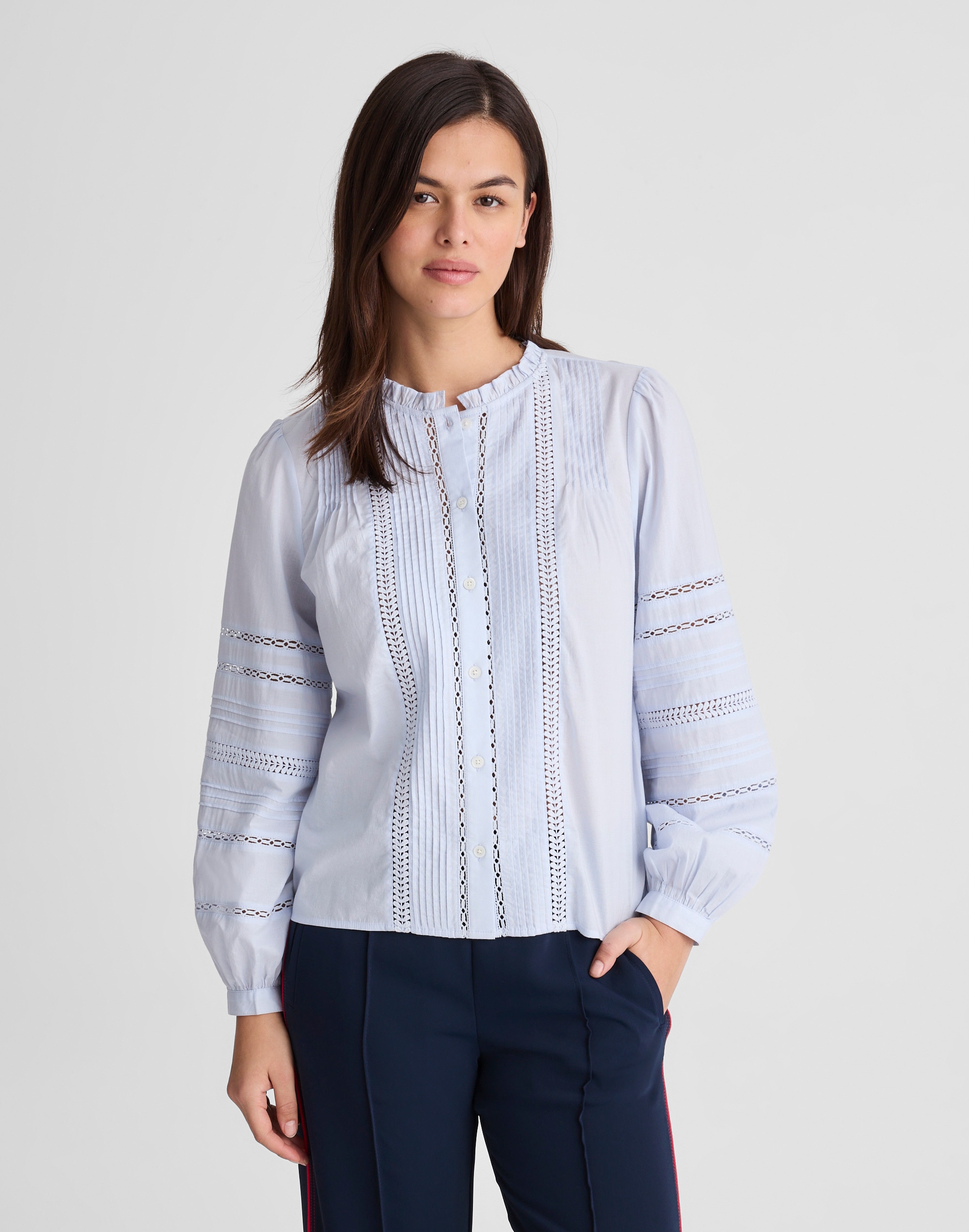 lace-insert high-neck pintuck top