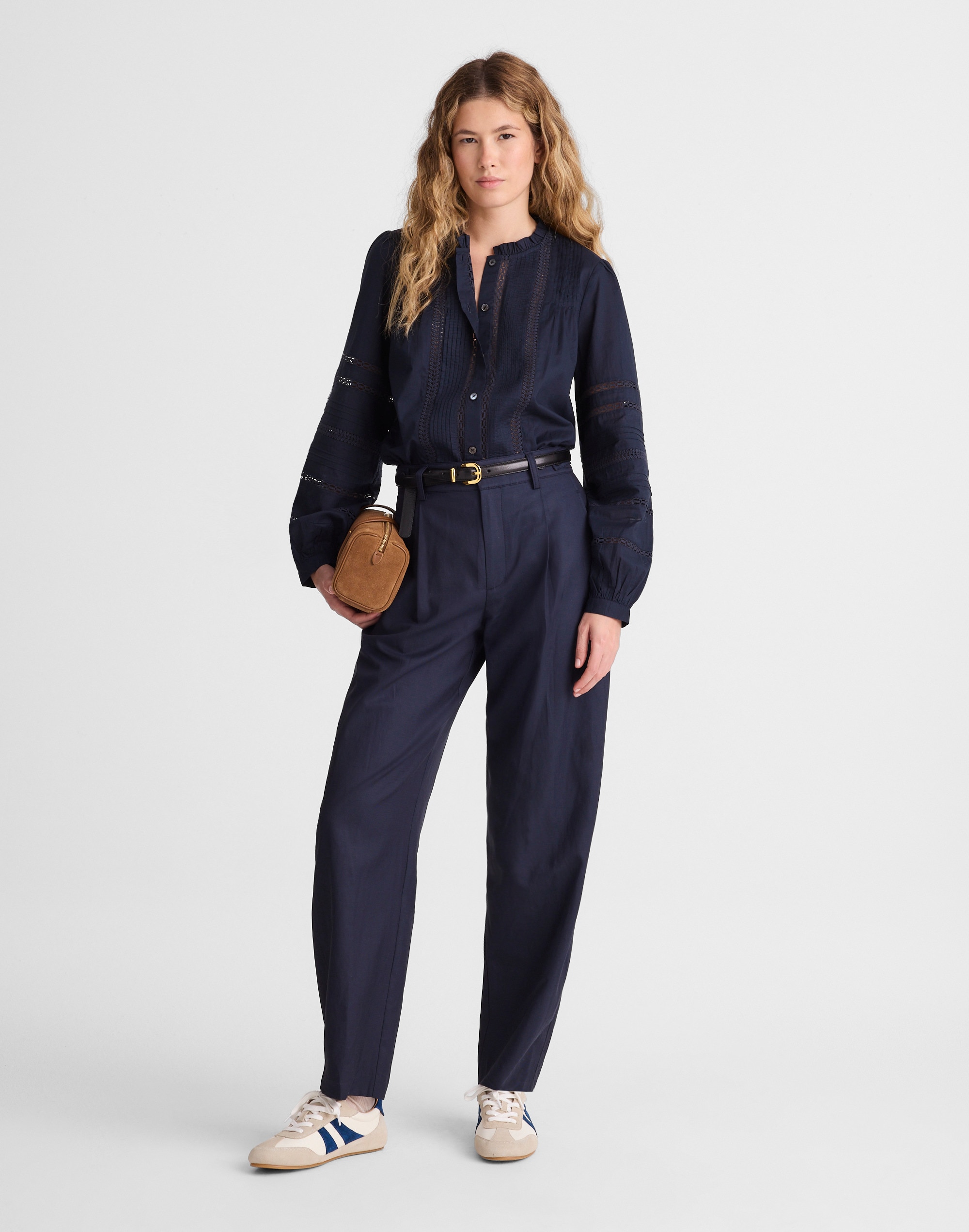 High-Neck Lace-Insert Pintuck Top