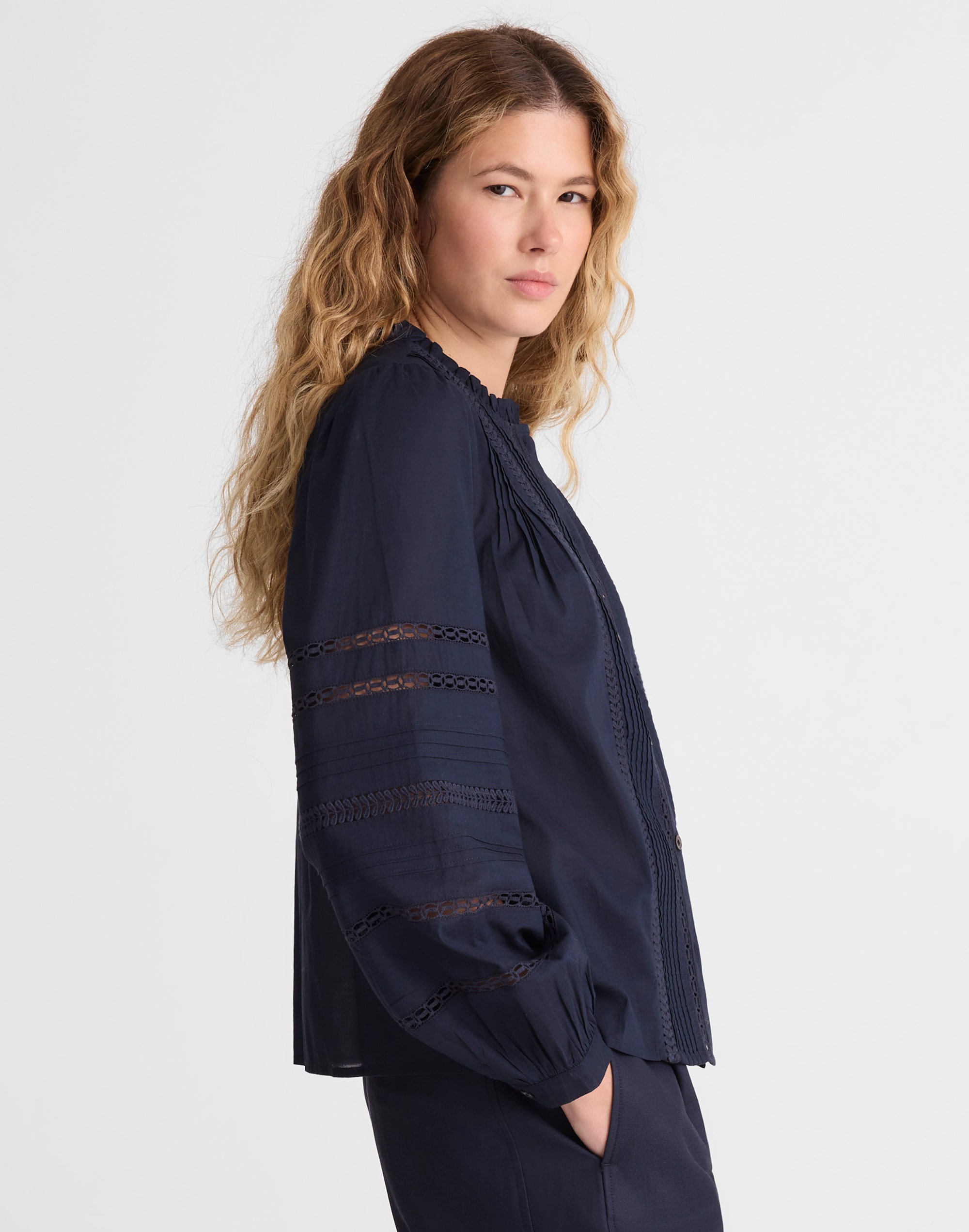 High-Neck Lace-Insert Pintuck Top