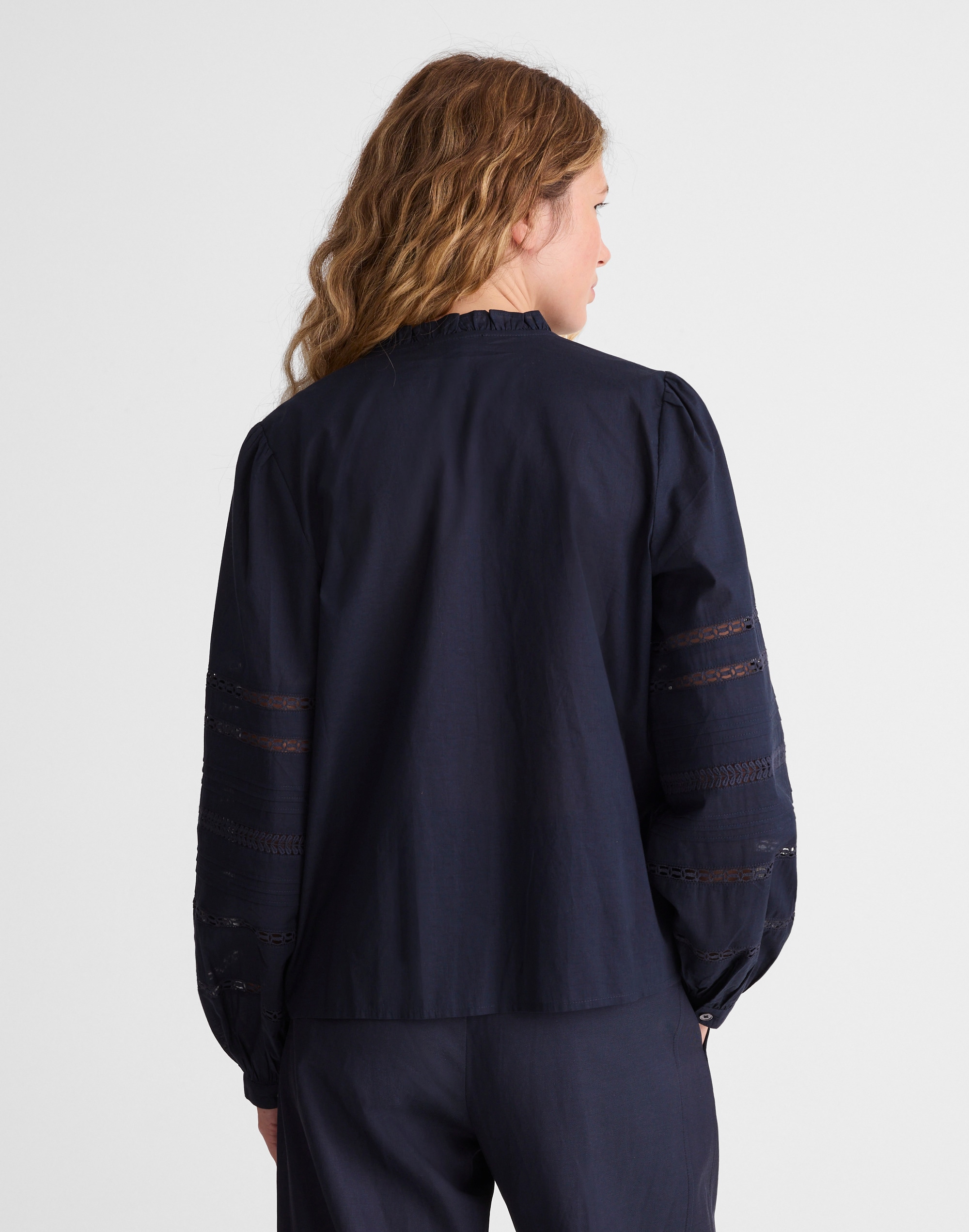 High-Neck Lace-Insert Pintuck Top