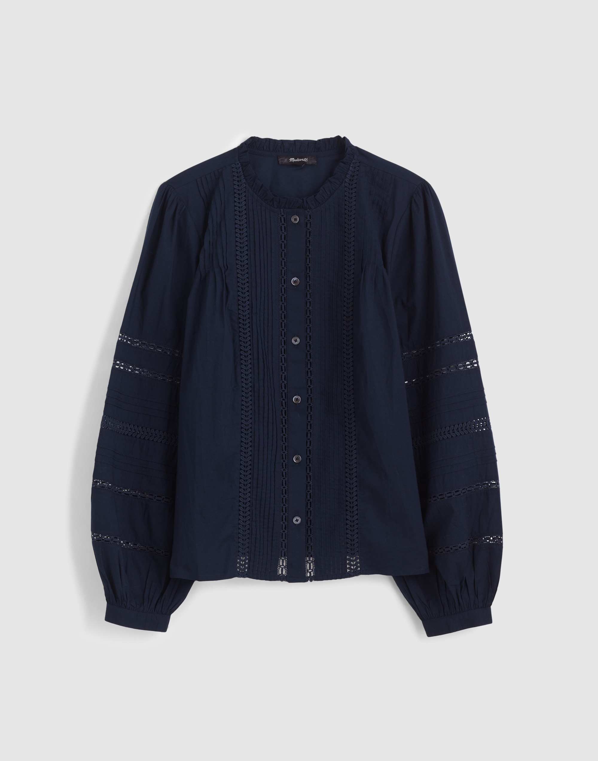 High-Neck Lace-Insert Pintuck Top