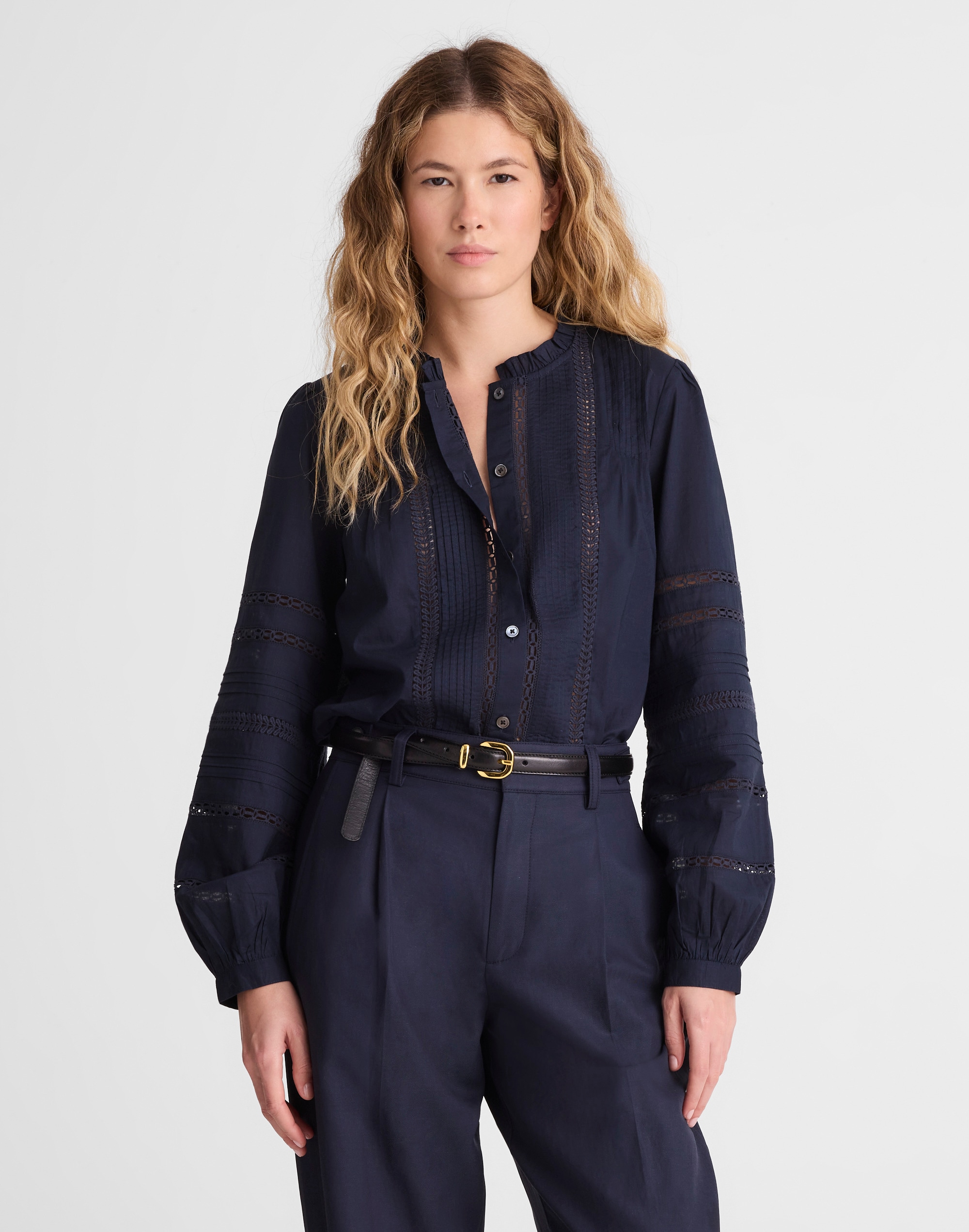 lace-insert high-neck pintuck top