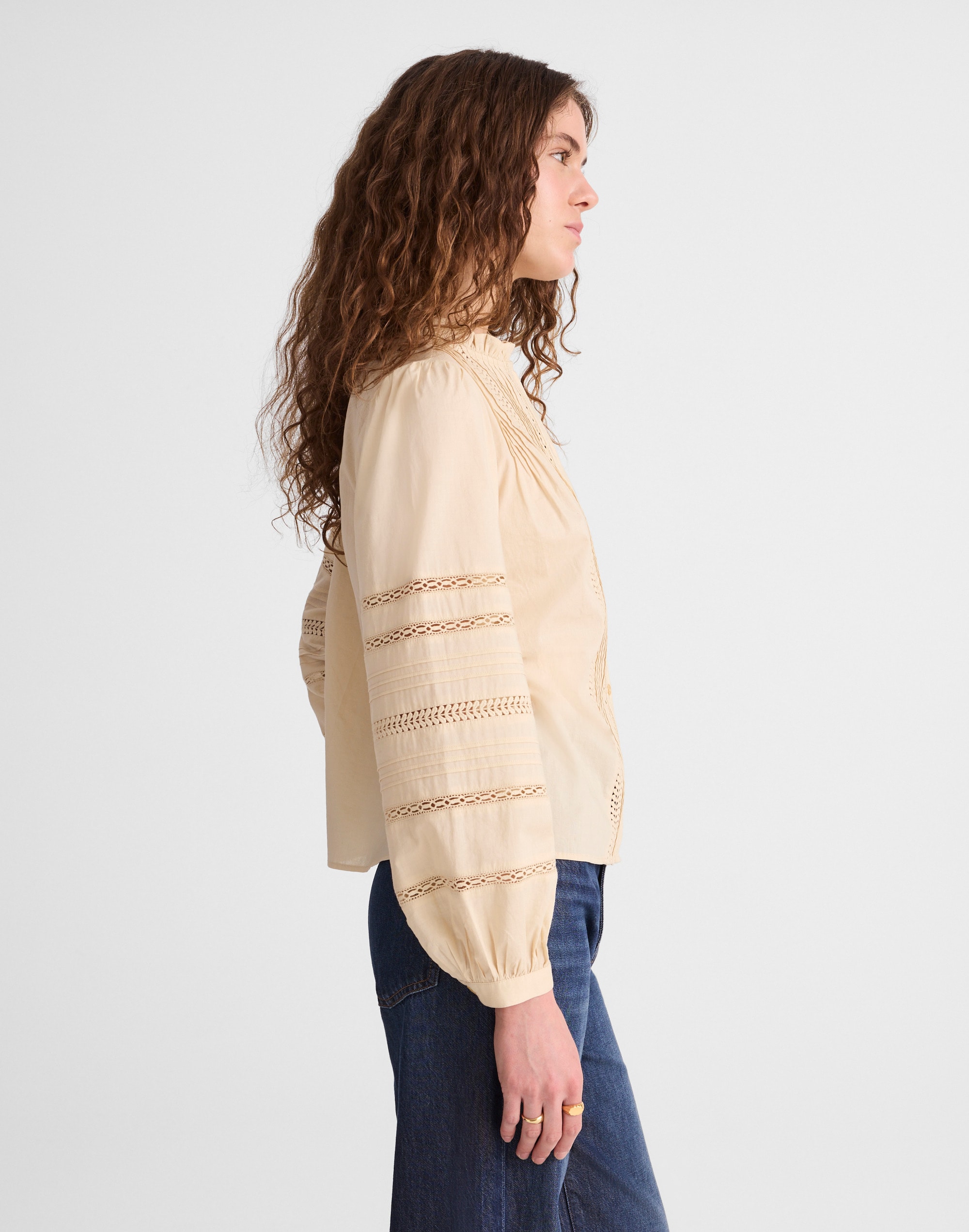 High-Neck Lace-Insert Pintuck Top