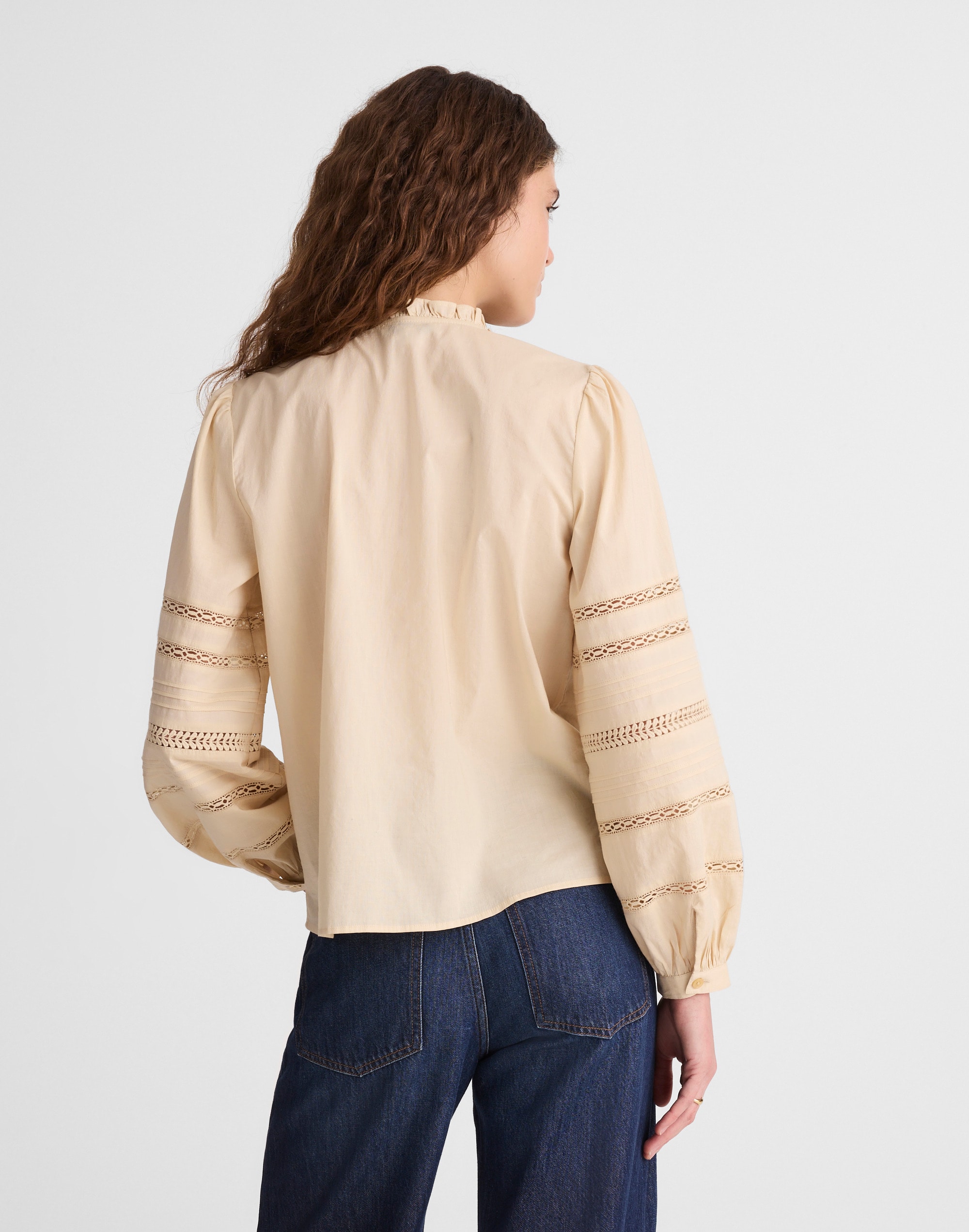 High-Neck Lace-Insert Pintuck Top