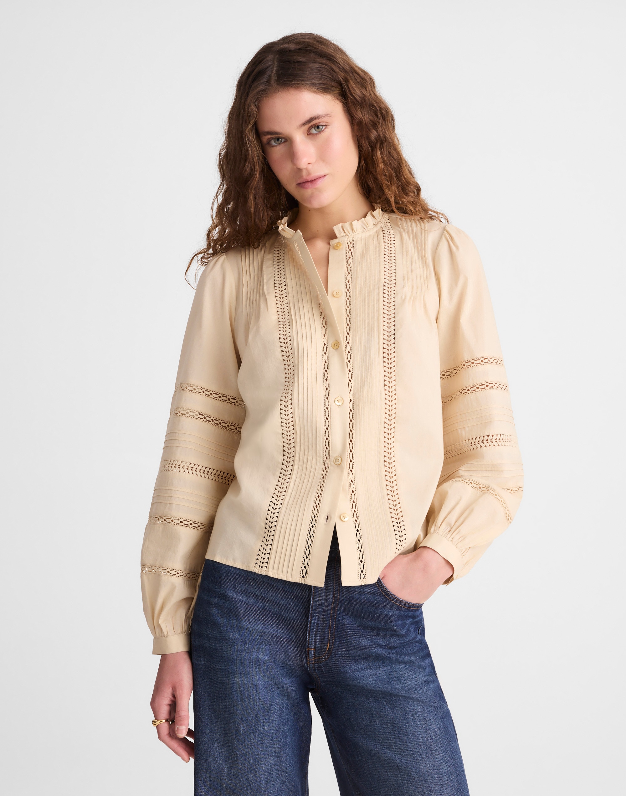 High-Neck Lace-Insert Pintuck Top