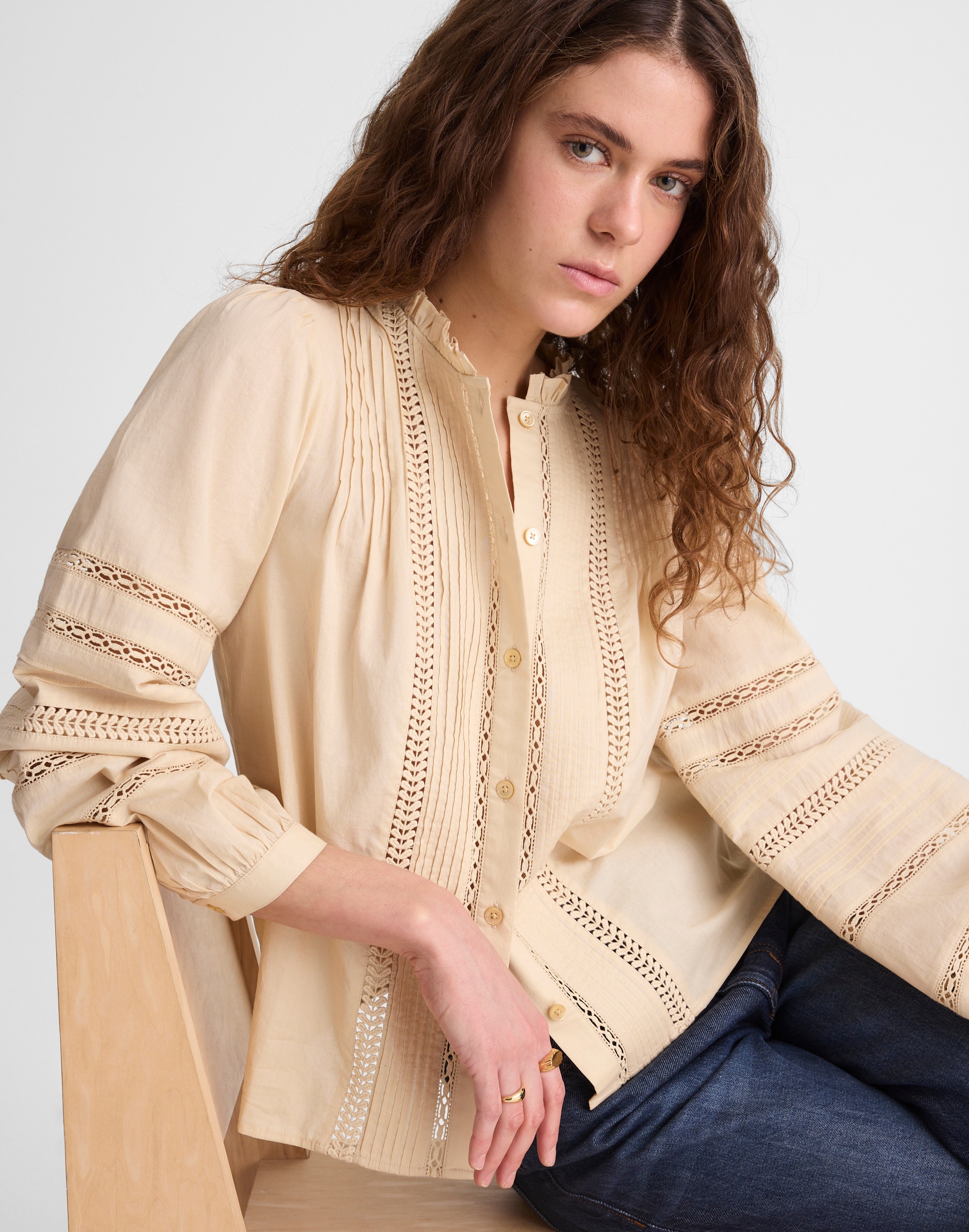 High-Neck Lace-Insert Pintuck Top