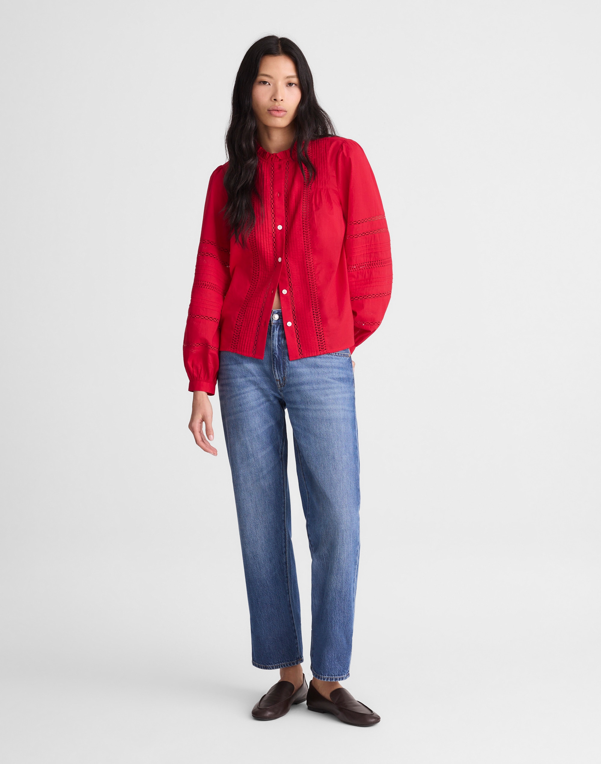 High-Neck Lace-Insert Pintuck Top