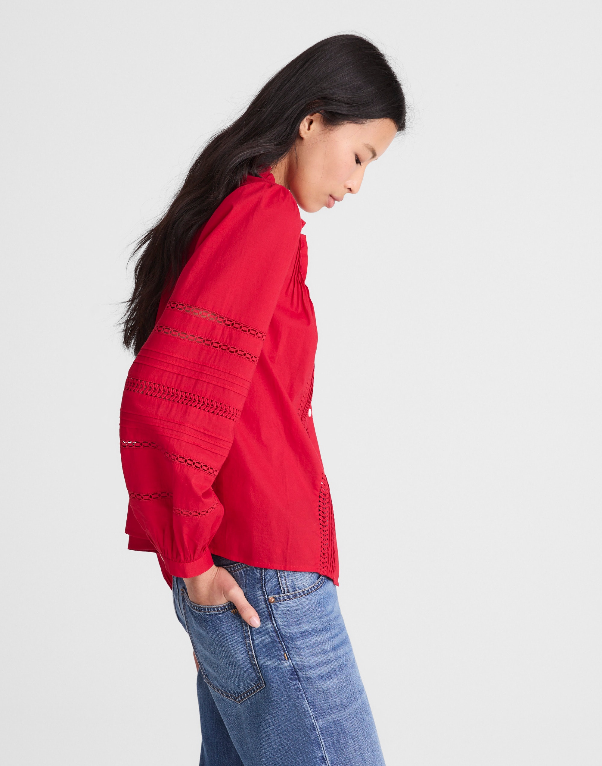 High-Neck Lace-Insert Pintuck Top