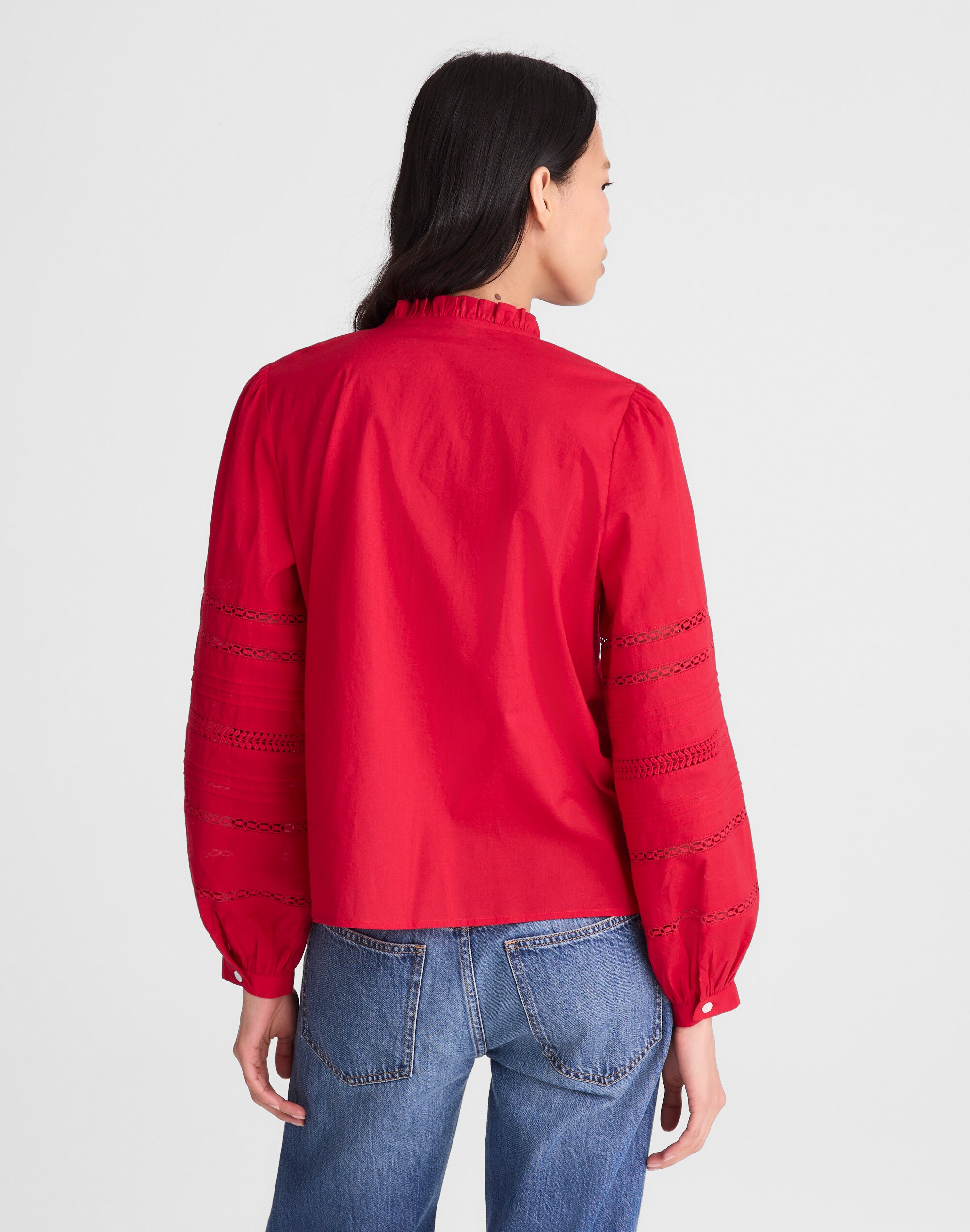 High-Neck Lace-Insert Pintuck Top