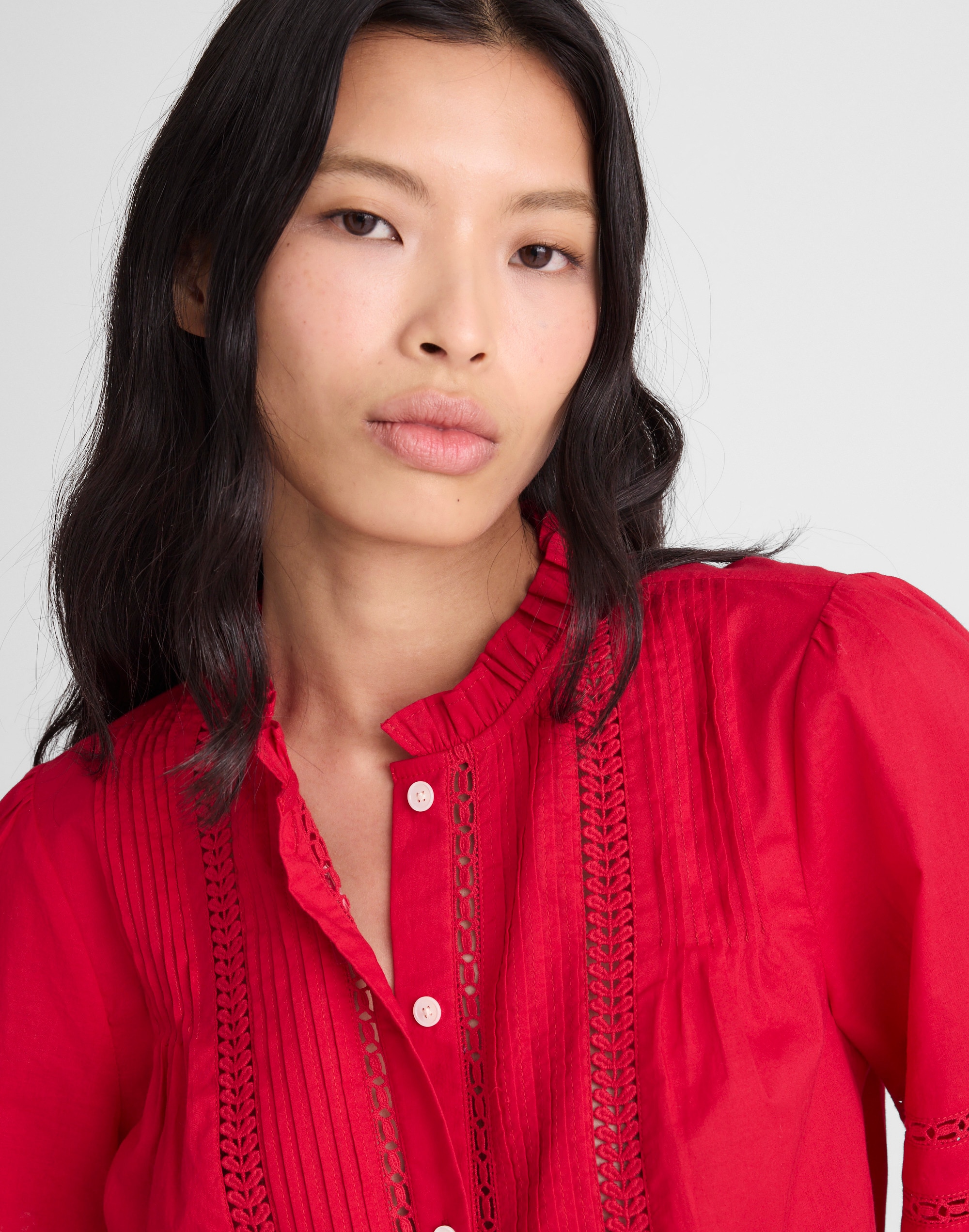 High-Neck Lace-Insert Pintuck Top