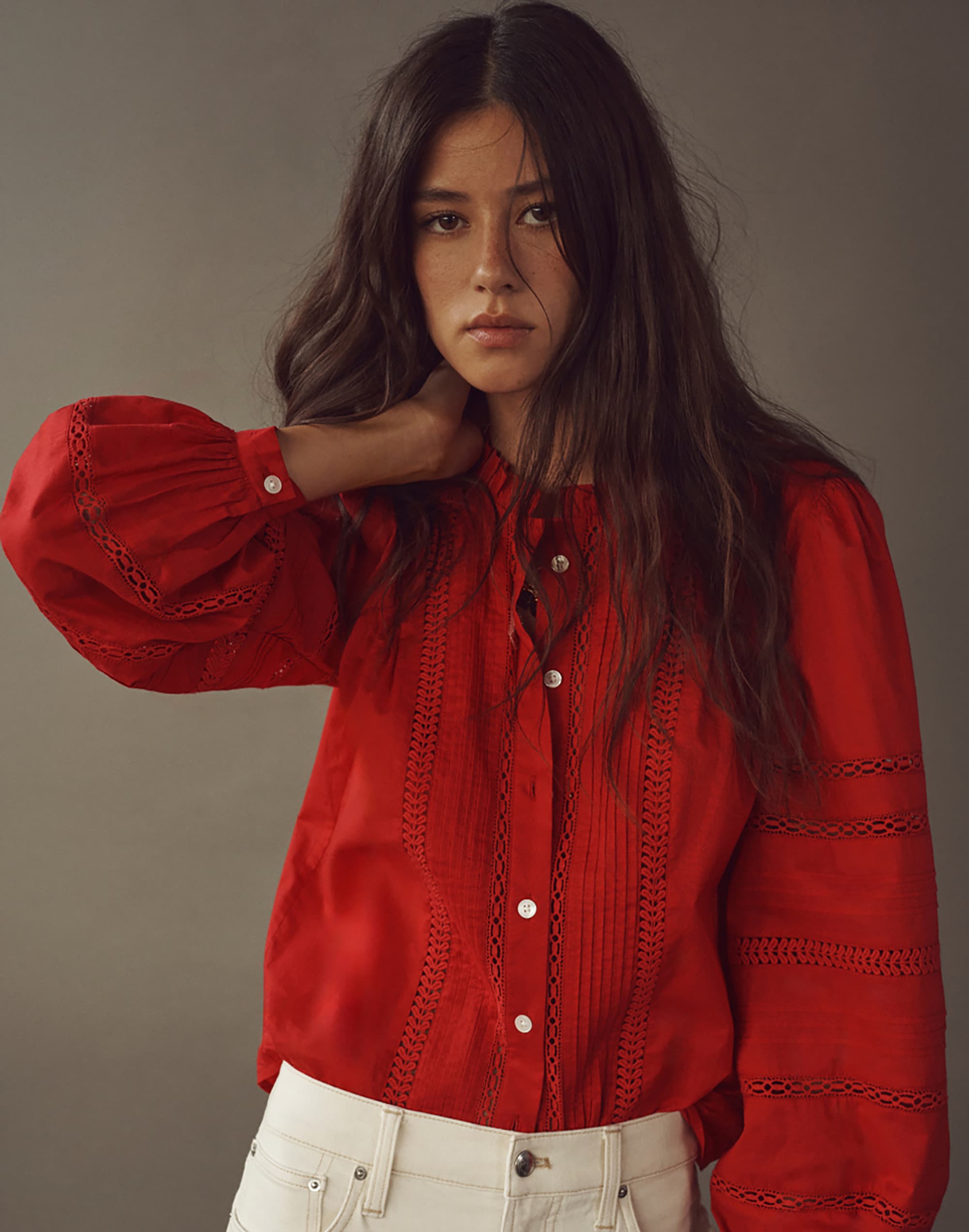 High-Neck Lace-Insert Pintuck Top