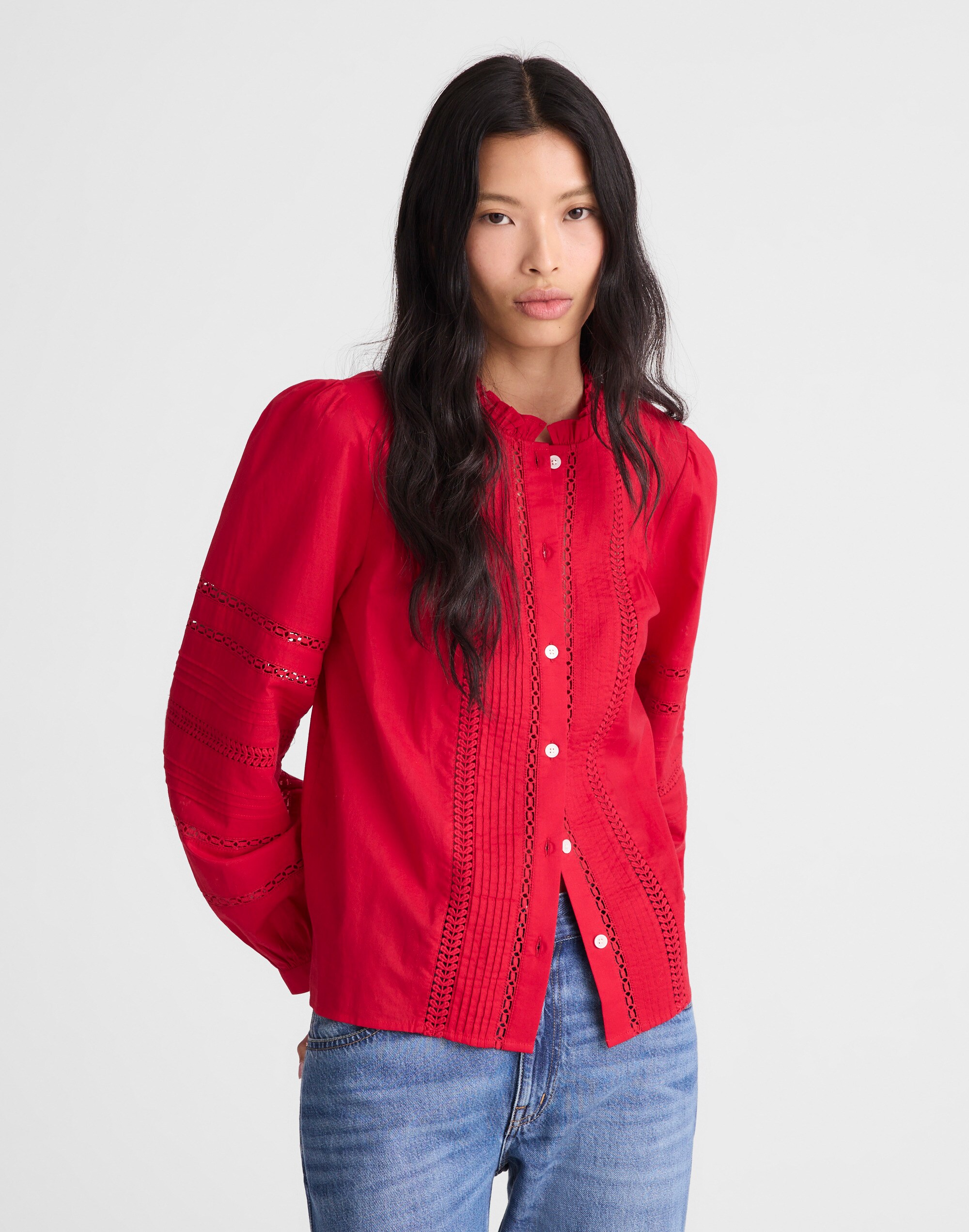 High-Neck Lace-Insert Pintuck Top