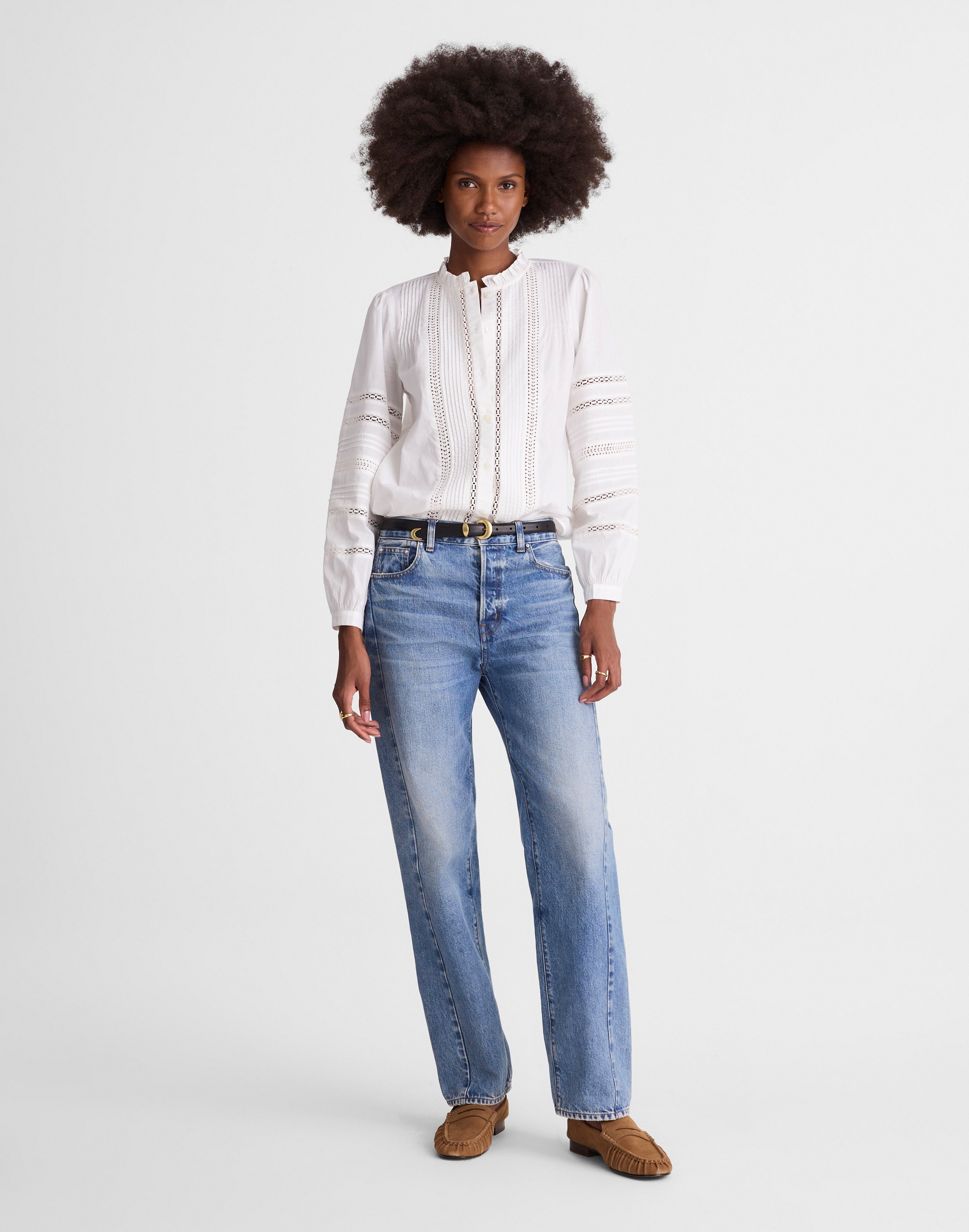 High-Neck Lace-Insert Pintuck Top