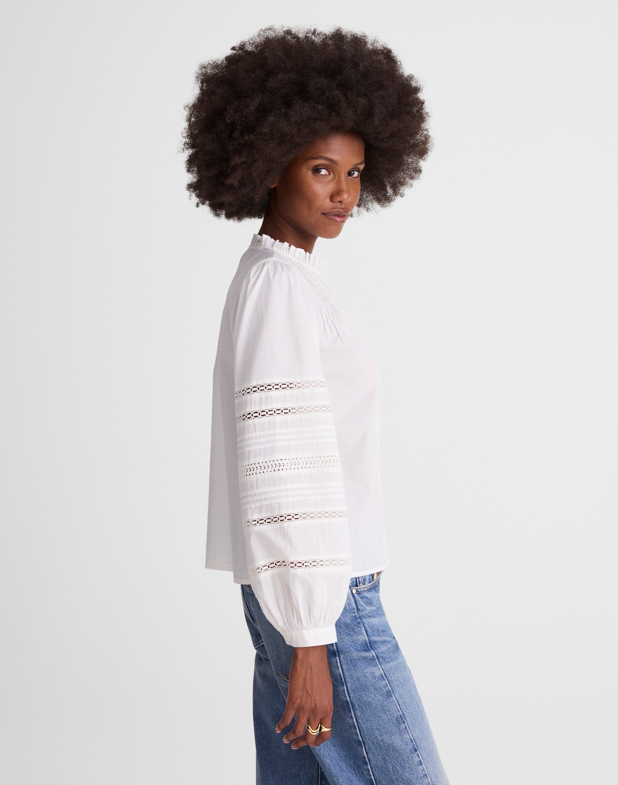 High-Neck Lace-Insert Pintuck Top