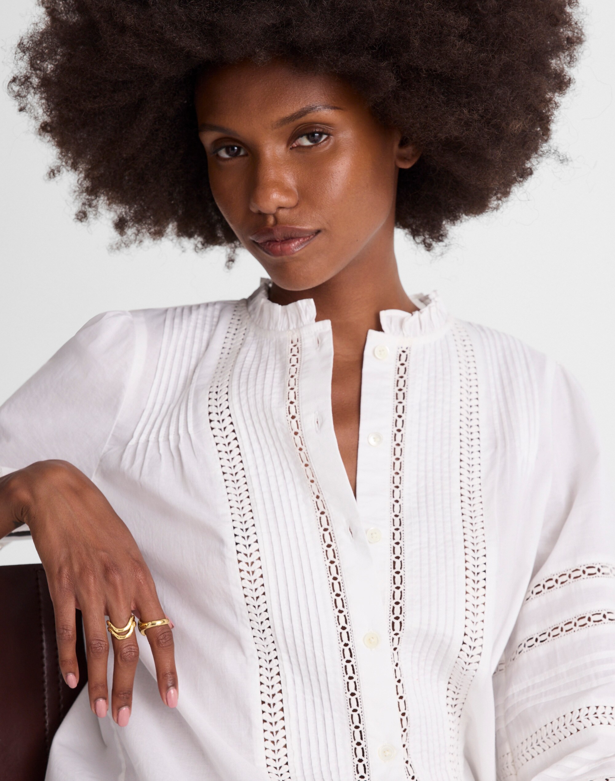 High-Neck Lace-Insert Pintuck Top