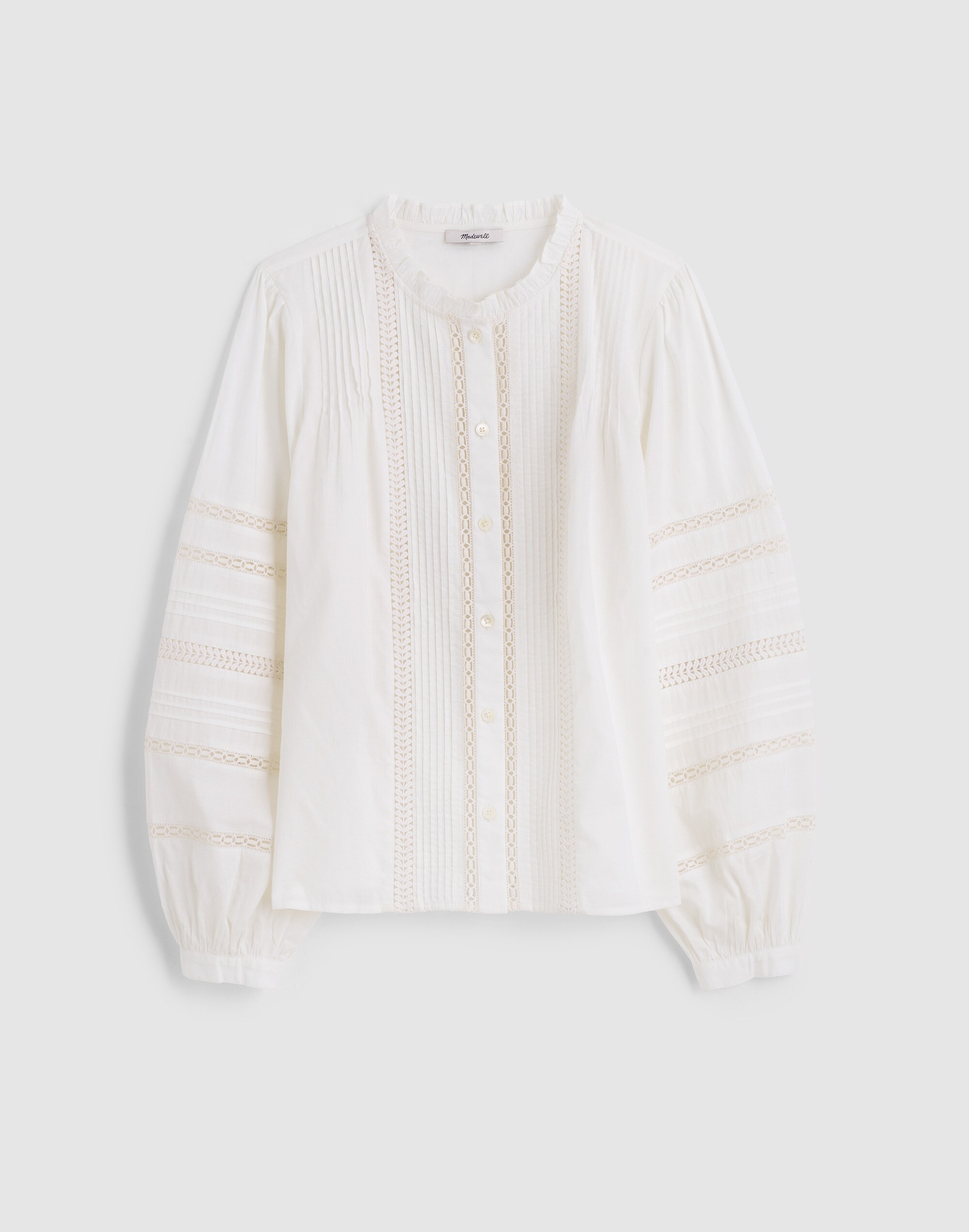 High-Neck Lace-Insert Pintuck Top