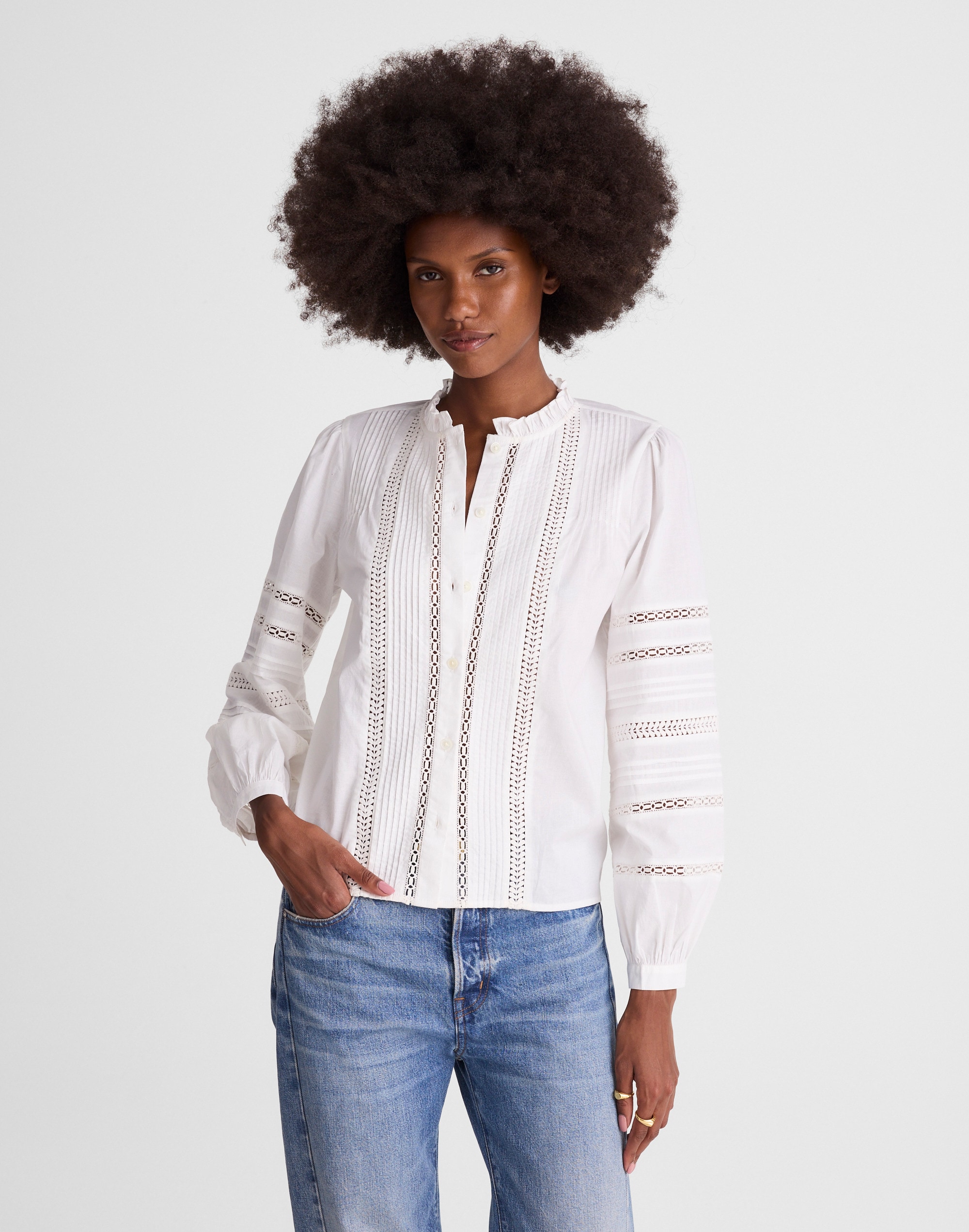 lace-insert high-neck pintuck top