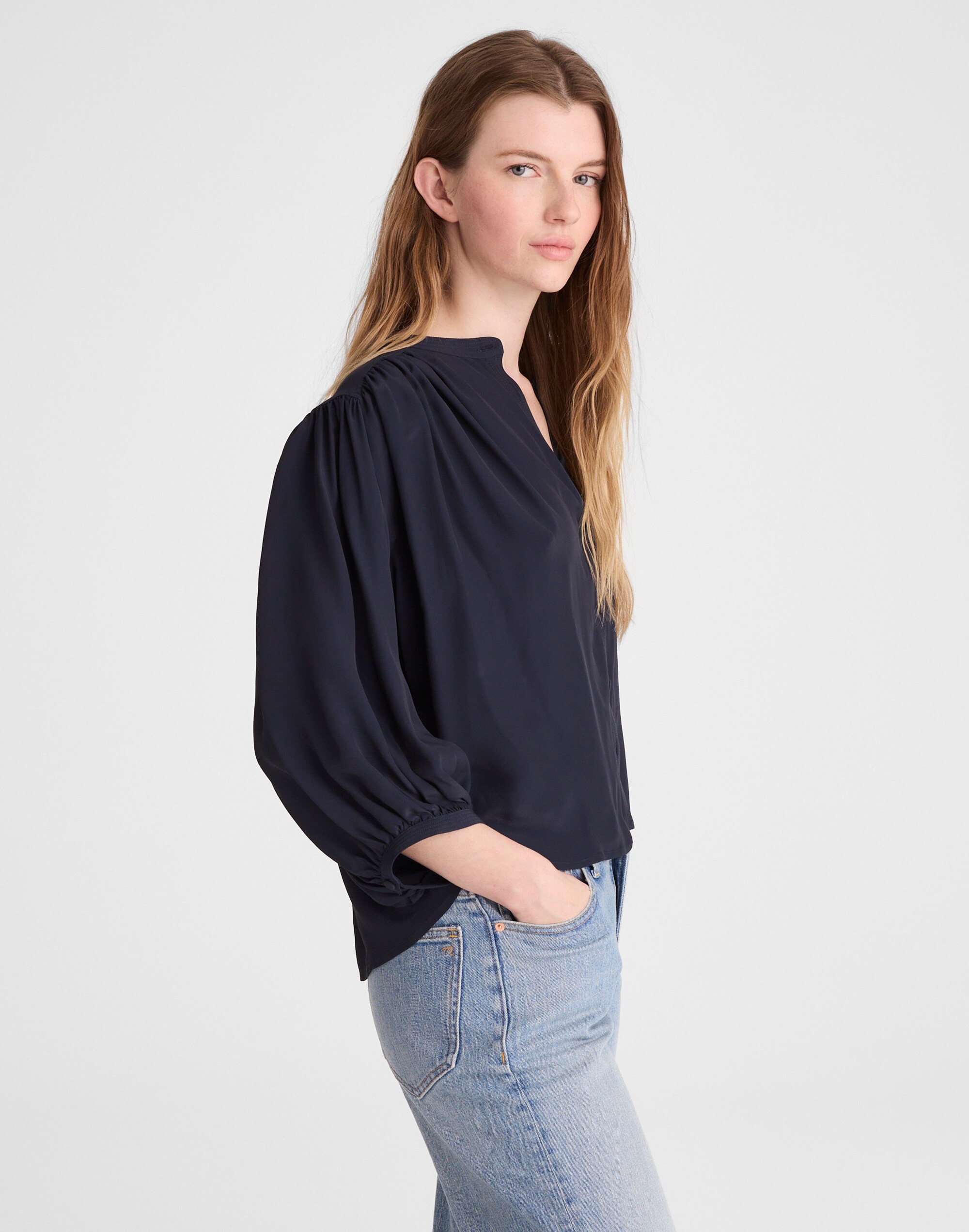 Shirred Crewneck Button-Up Top