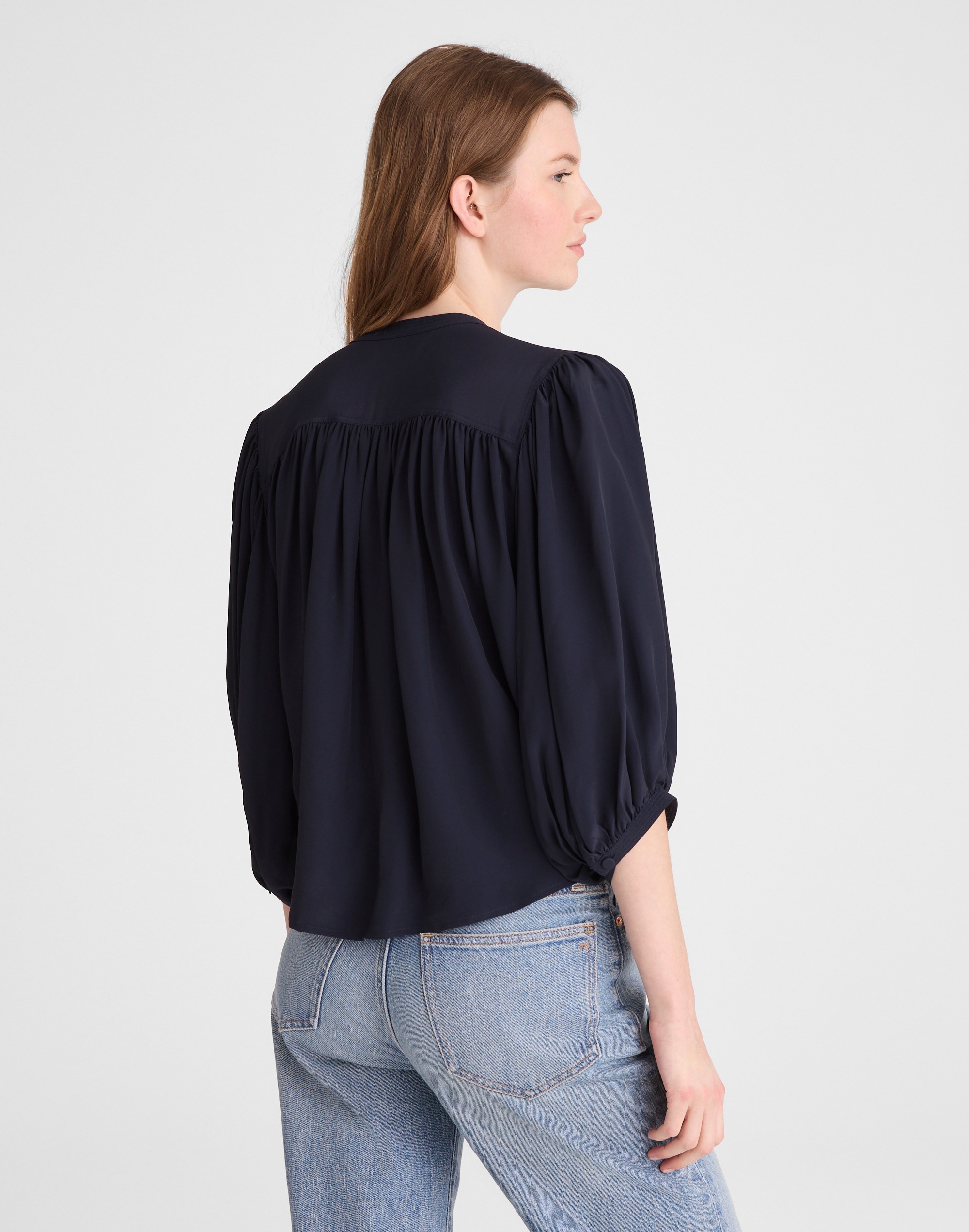 Shirred Crewneck Button-Up Top