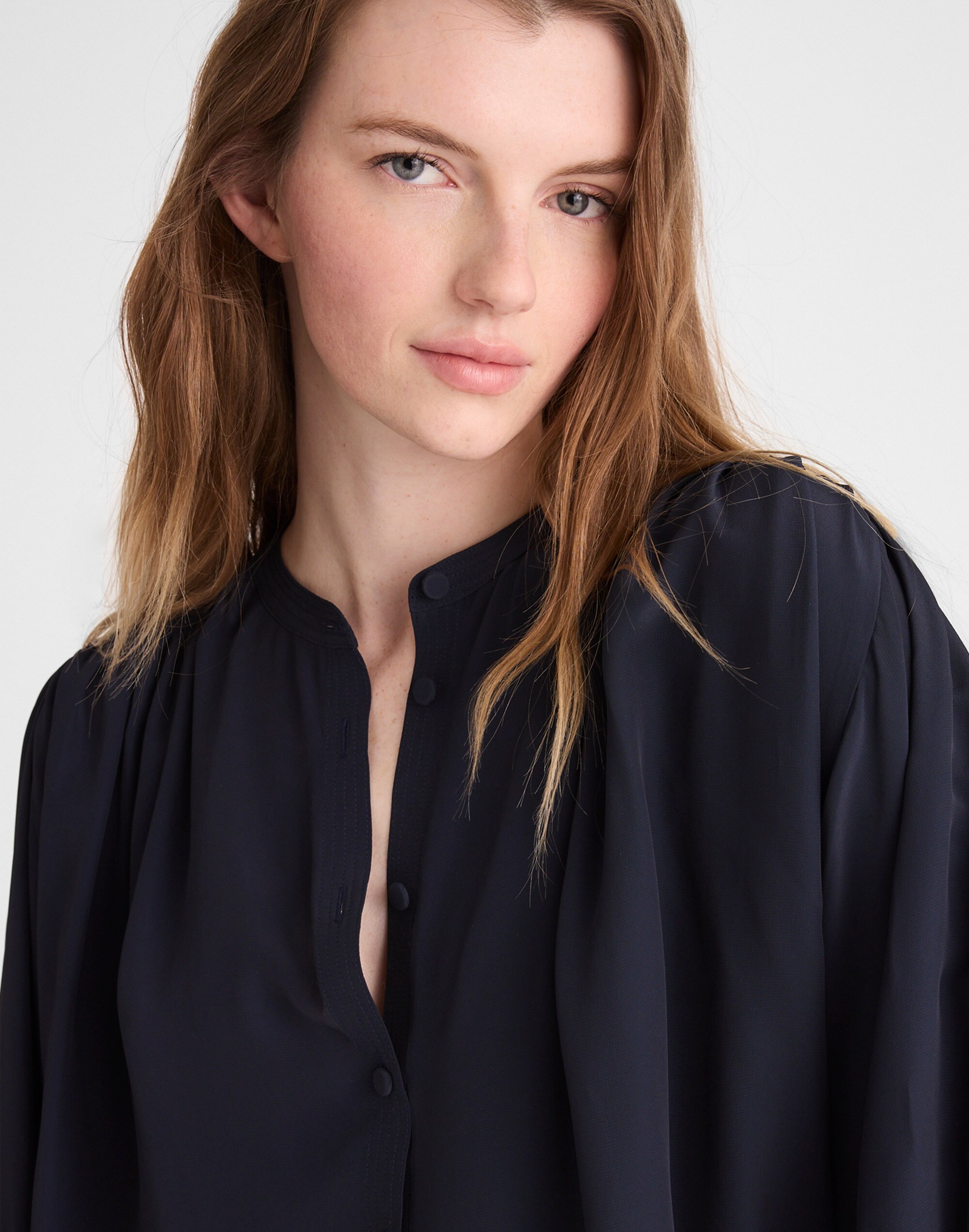 Shirred Crewneck Button-Up Top