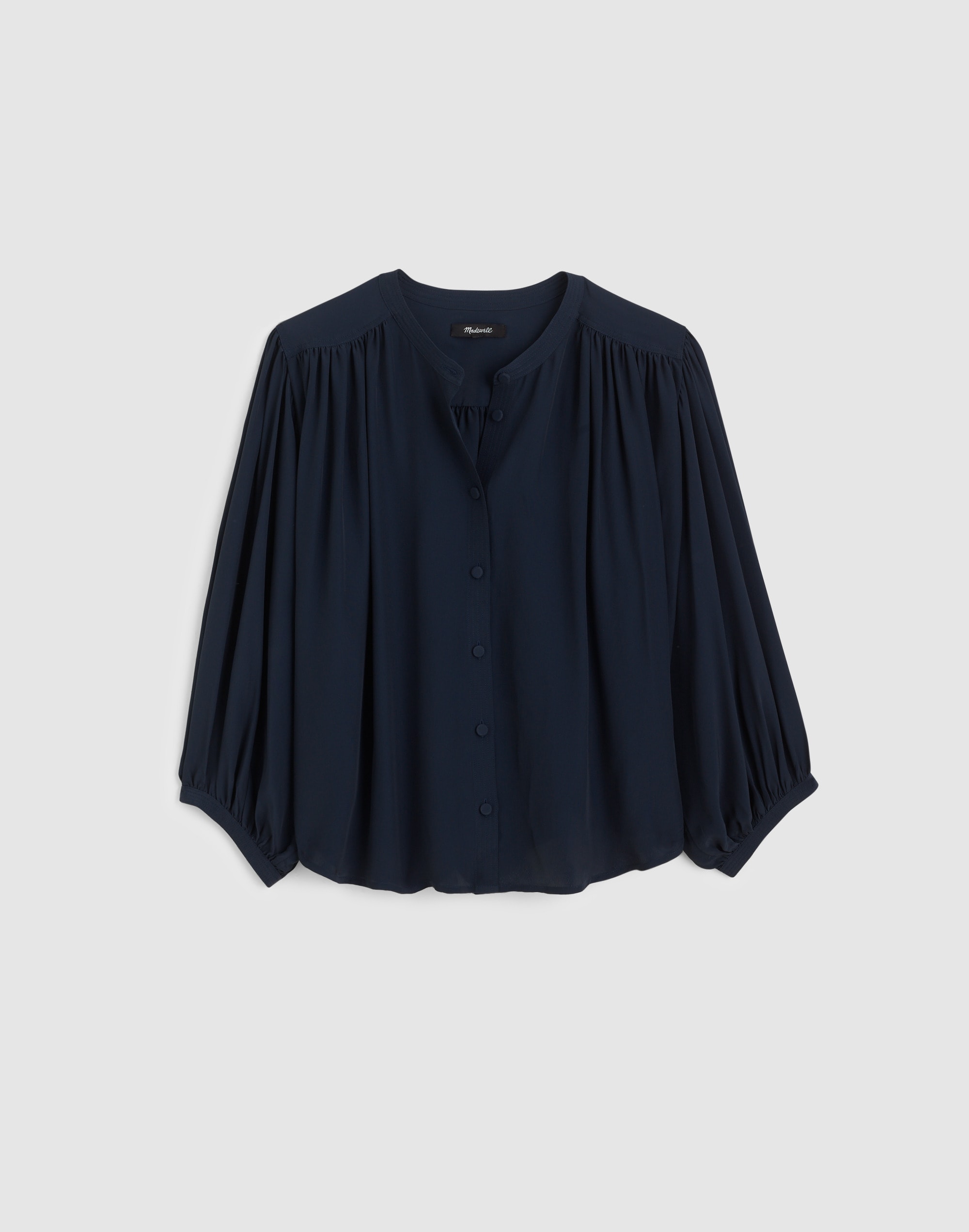 Shirred Crewneck Button-Up Top