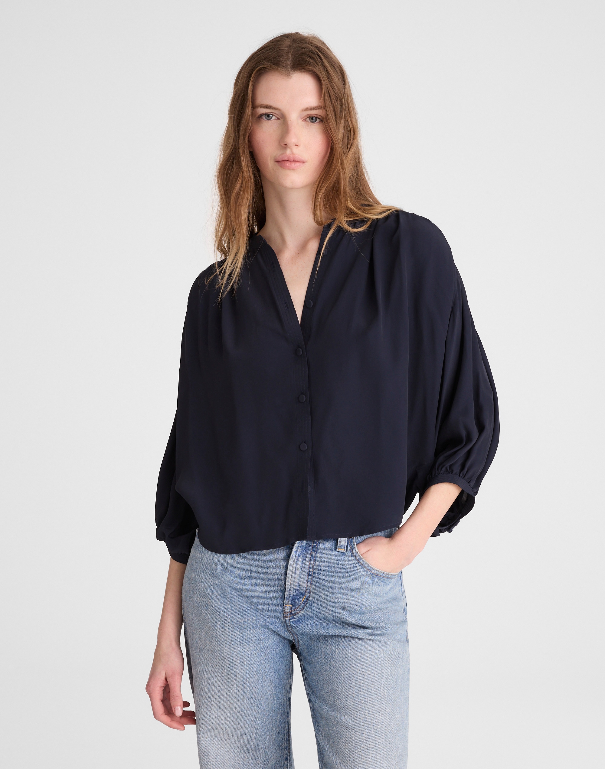 shirred crewneck button-up top