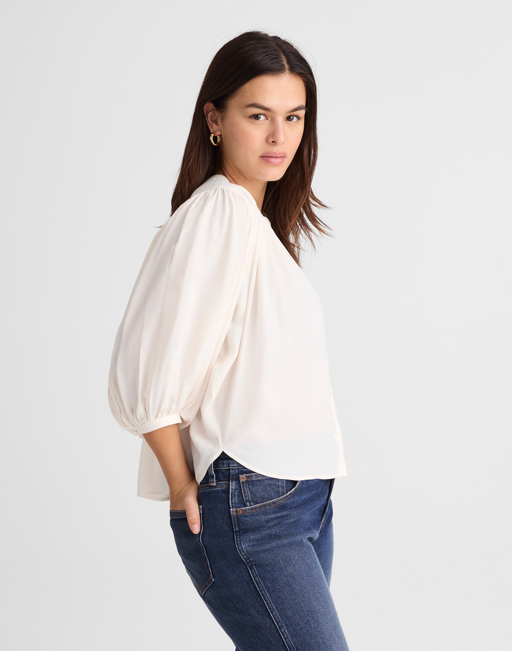 Shirred Crewneck Button-Up Top