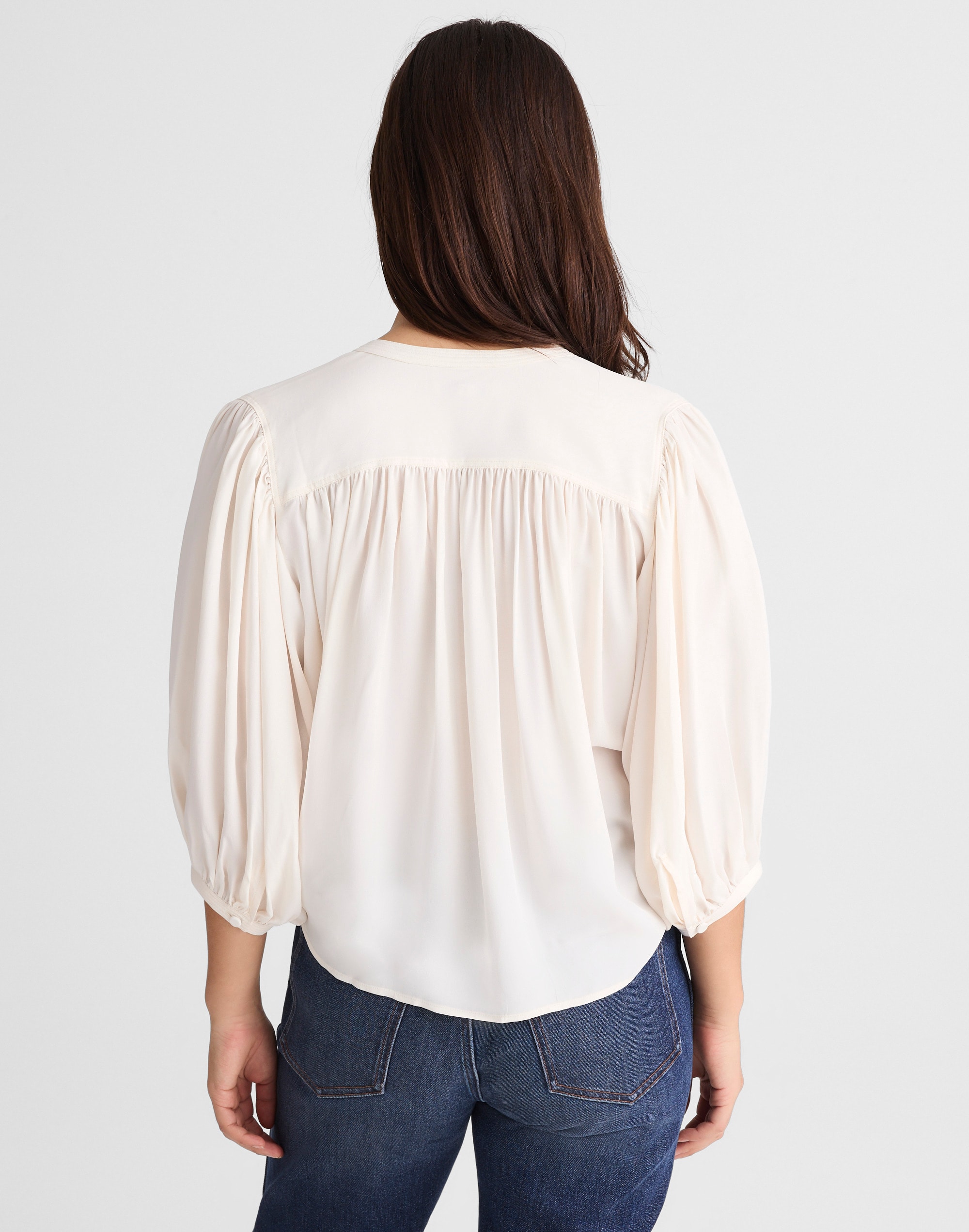 Shirred Crewneck Button-Up Top