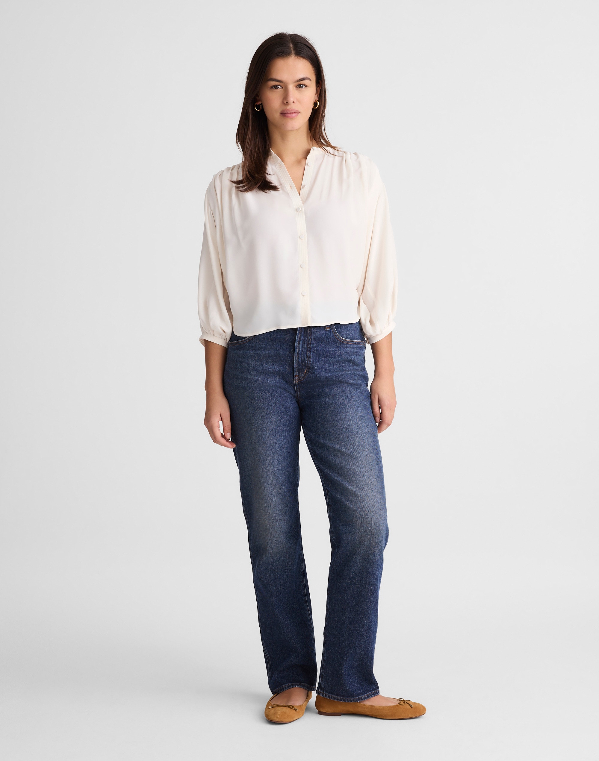 Shirred Crewneck Button-Up Top