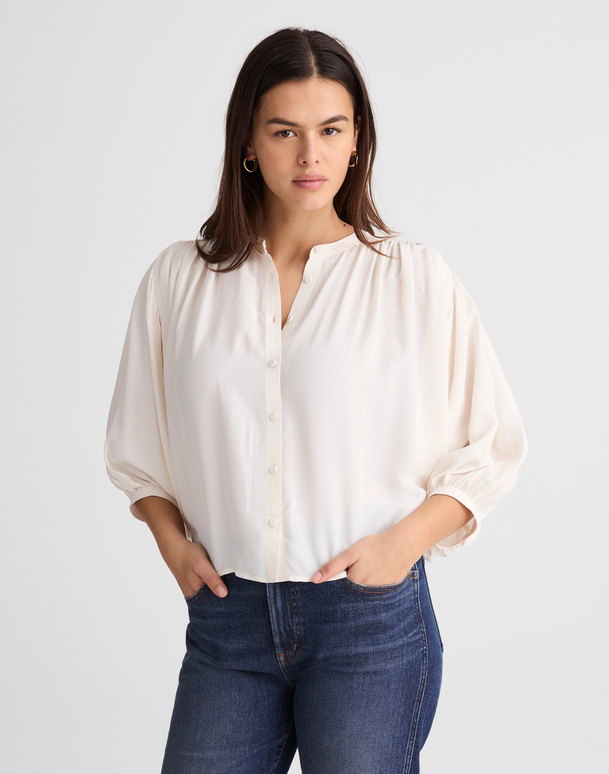 Shirred Crewneck Button-Up Top