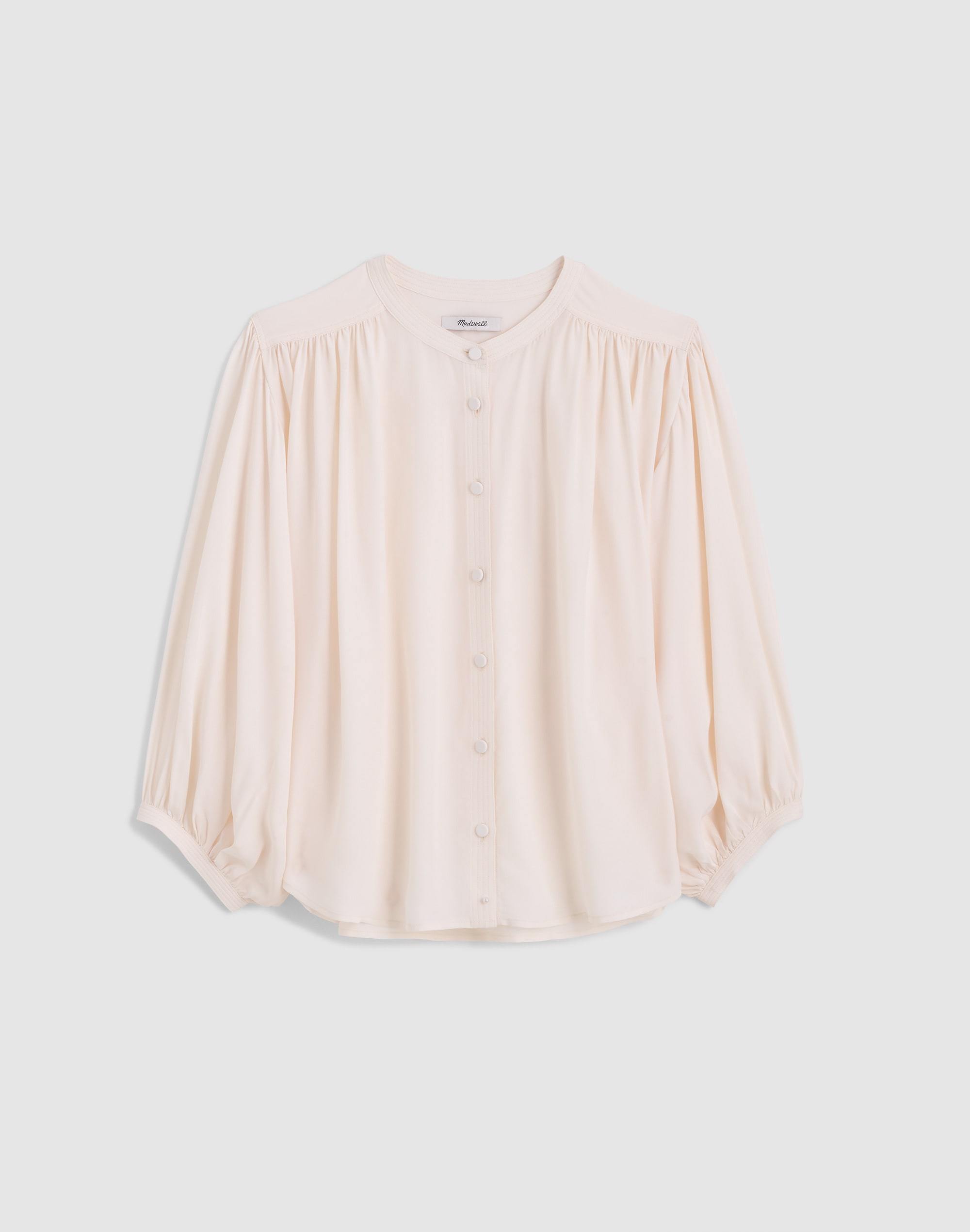 Shirred Crewneck Button-Up Top