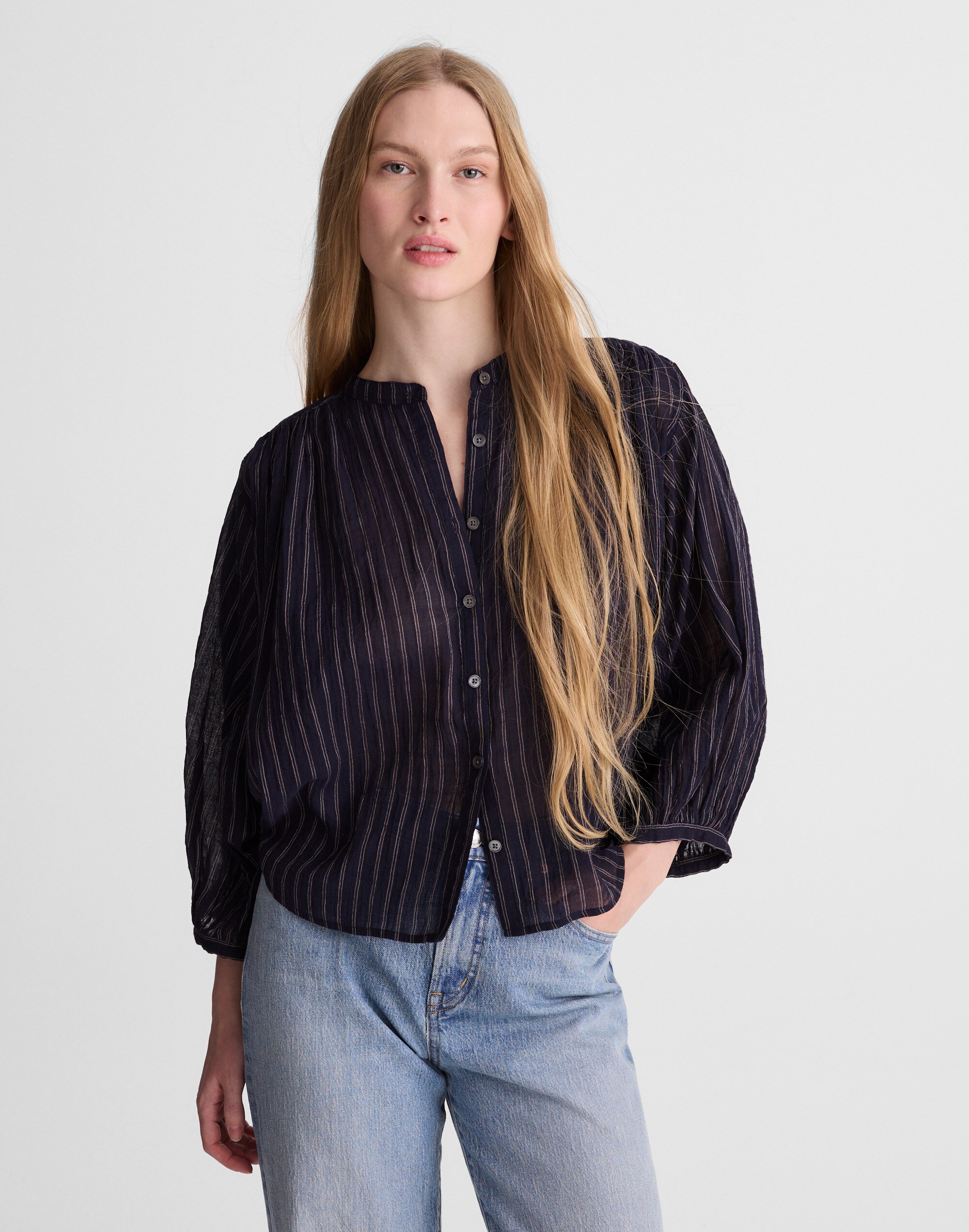 Shirred Crewneck Button-Up Top