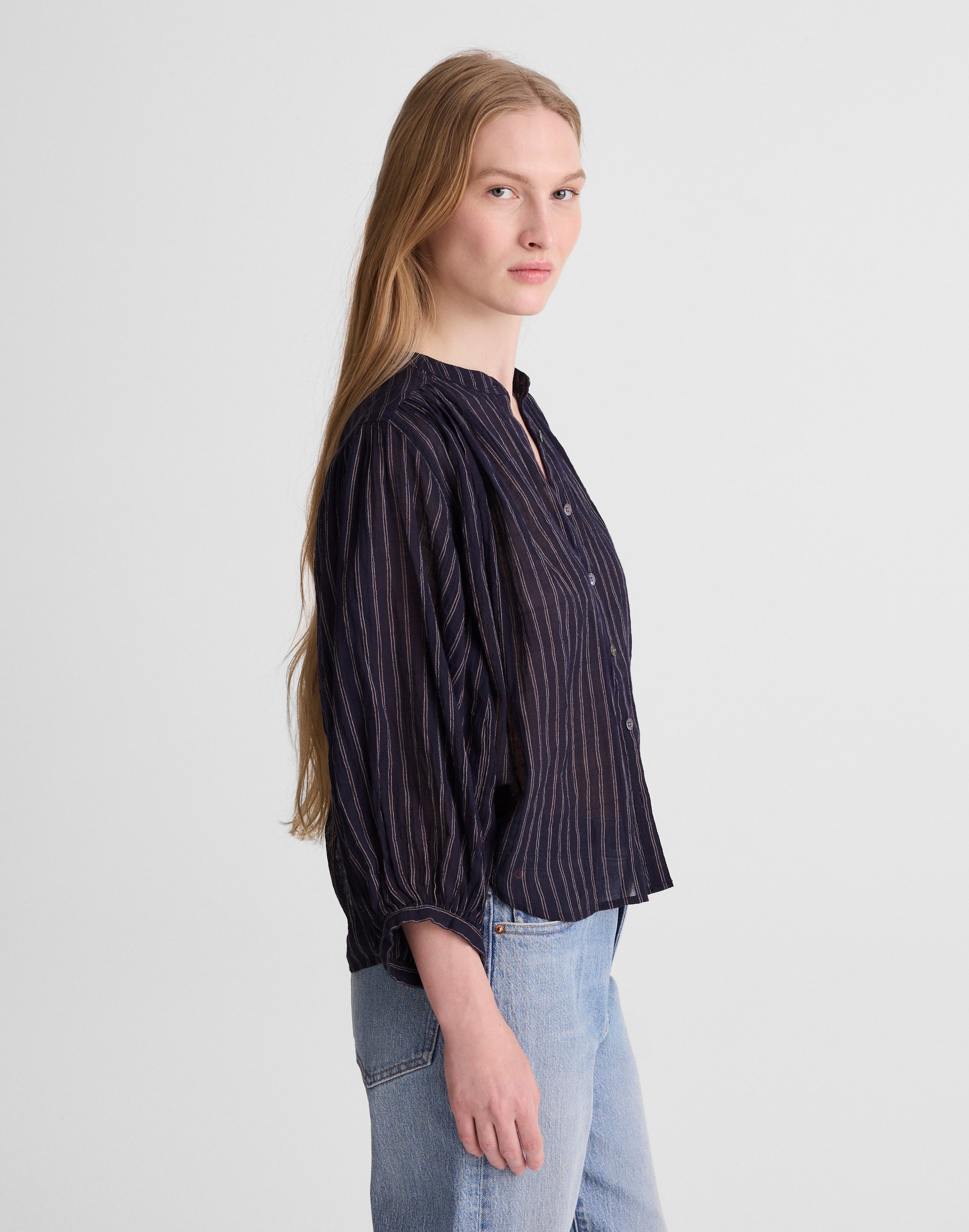Shirred Crewneck Button-Up Top