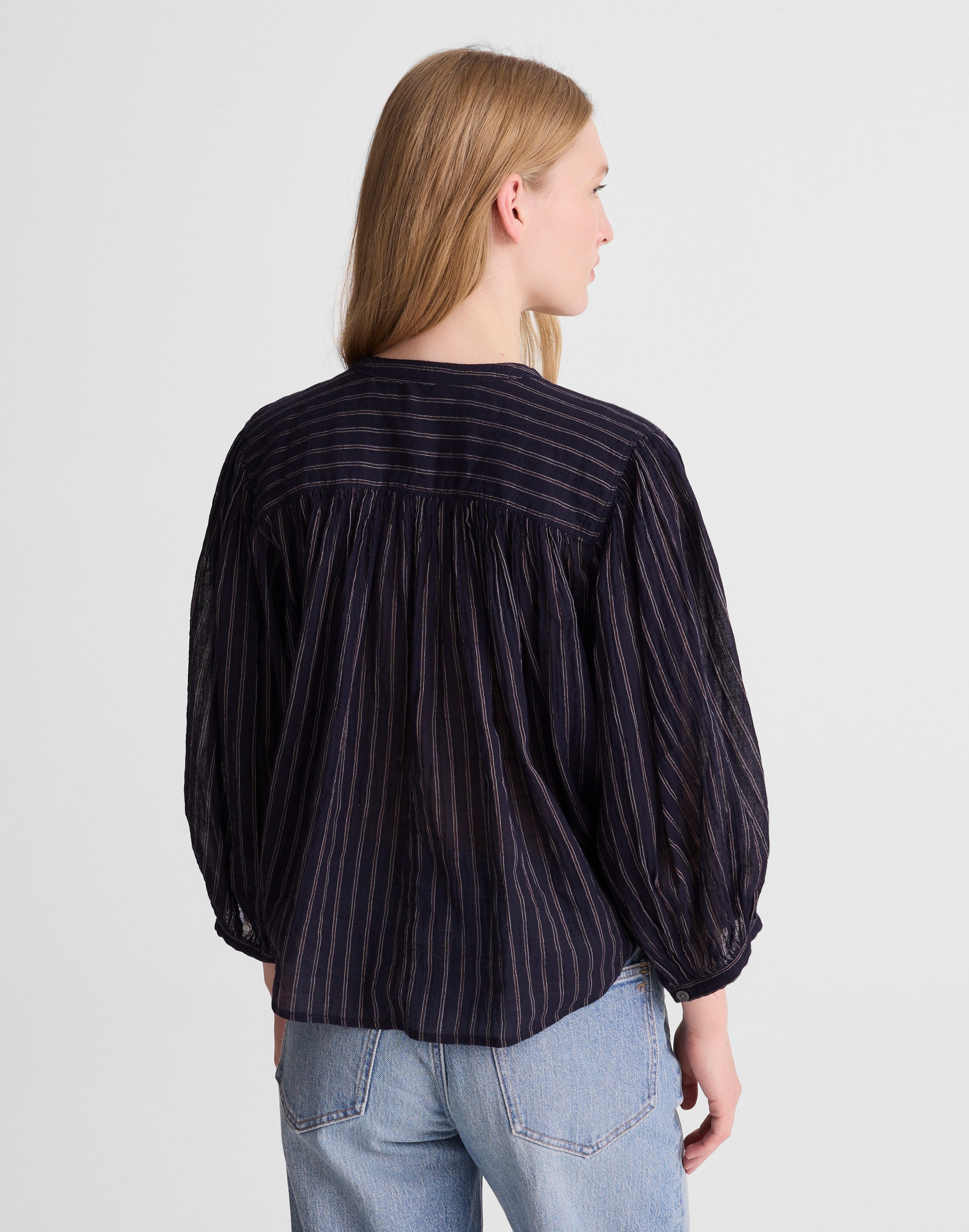 Shirred Crewneck Button-Up Top