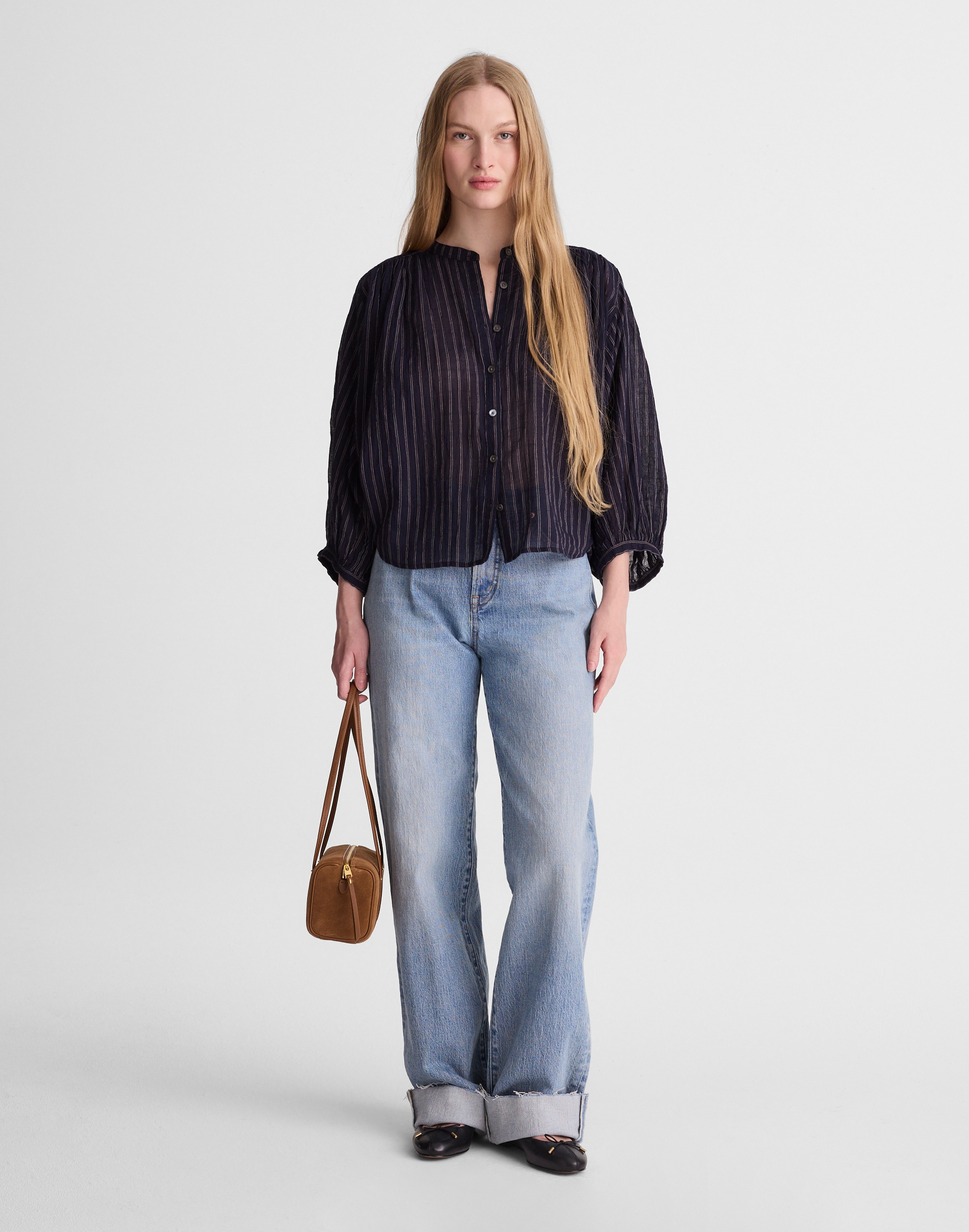 Shirred Crewneck Button-Up Top