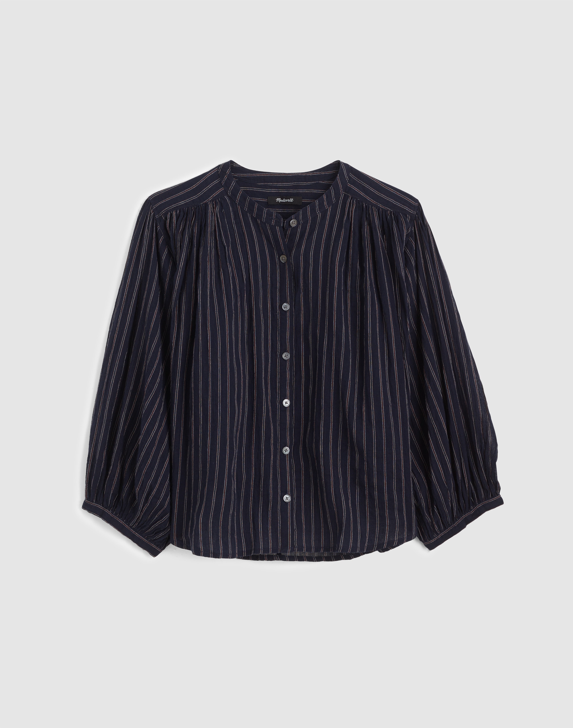 Shirred Crewneck Button-Up Top