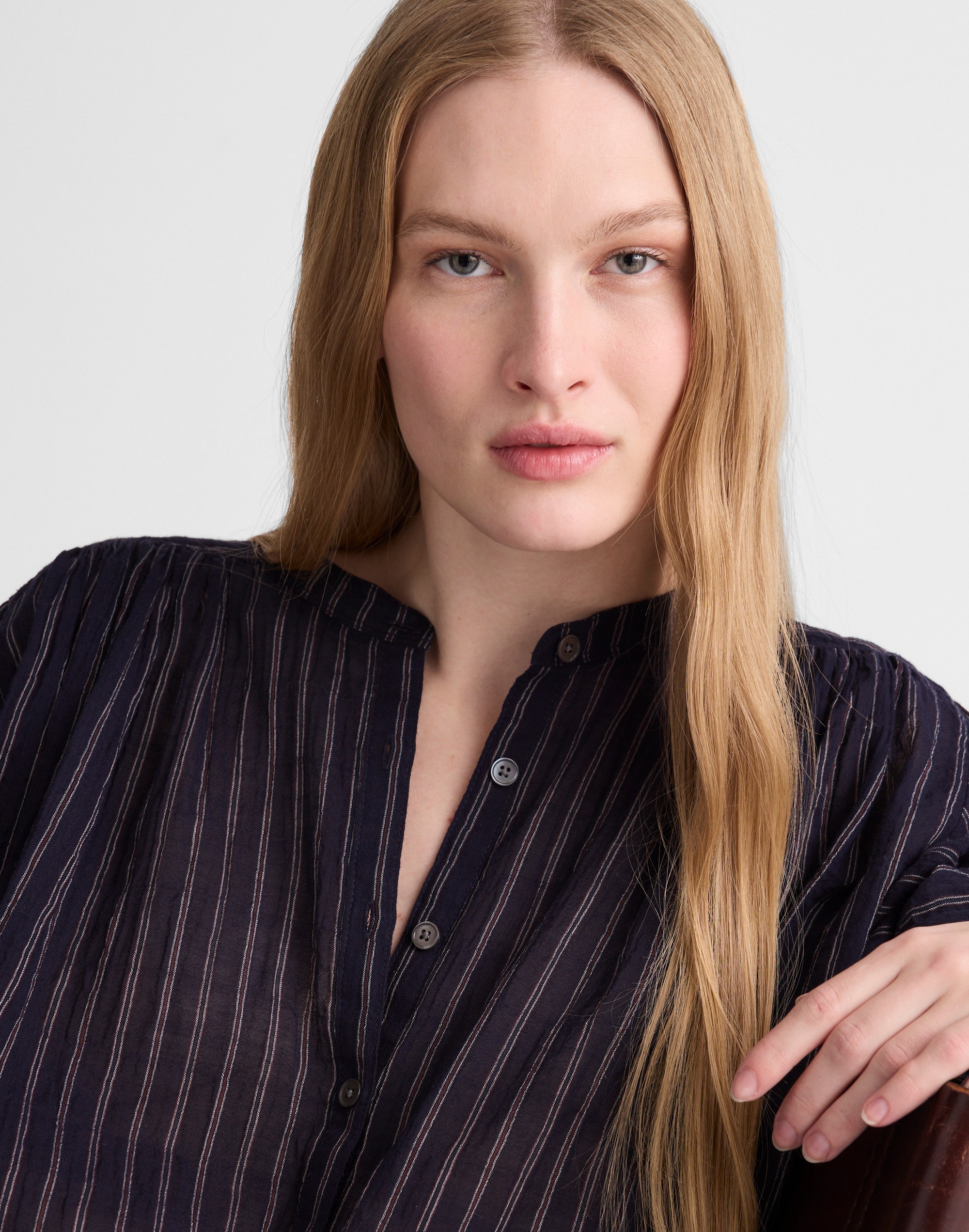 shirred crewneck button-up top