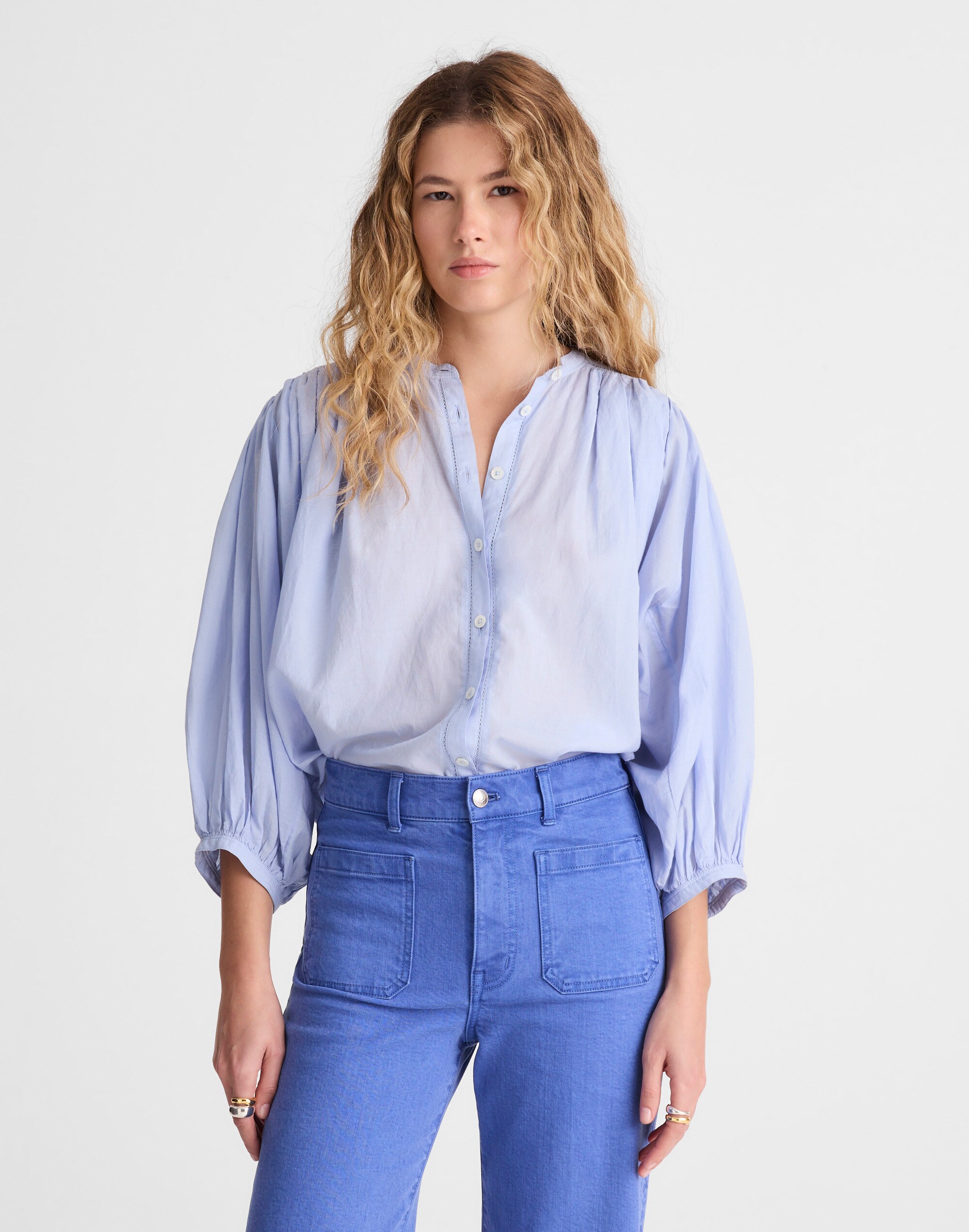 Shirred Crewneck Button-Up Top