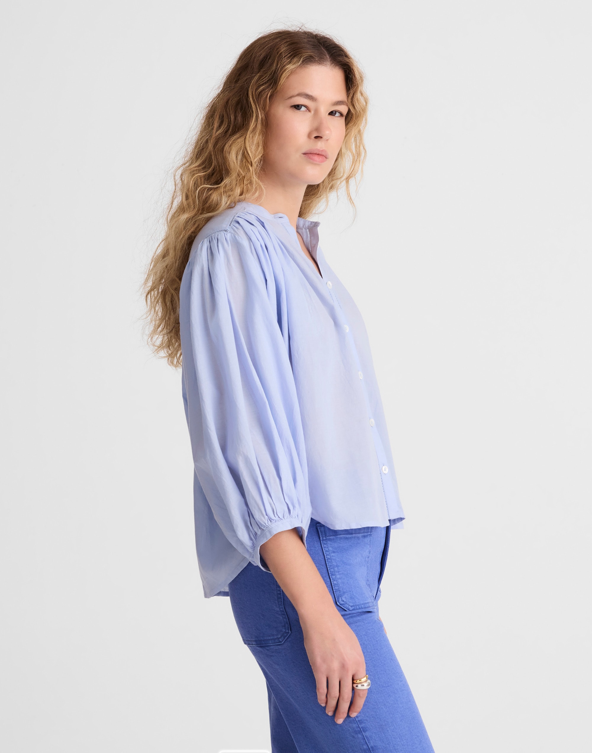 Shirred Crewneck Button-Up Top