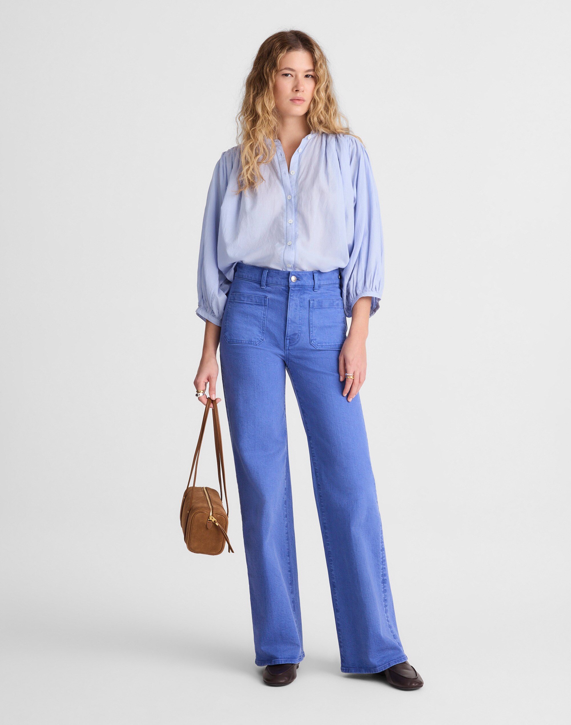 Shirred Crewneck Button-Up Top